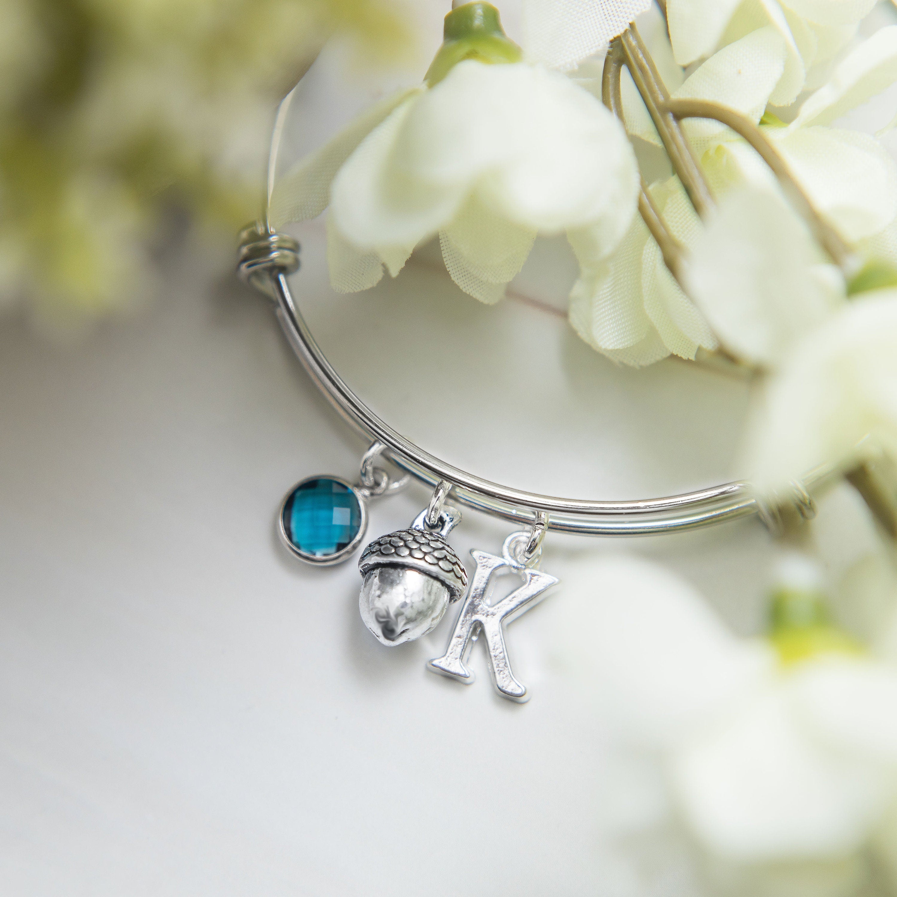 Acorn bracelet, acorn bangle, adjustable bangle, personalised gifts,  birthstone and initial jewellery, woodland gift, nature pendant