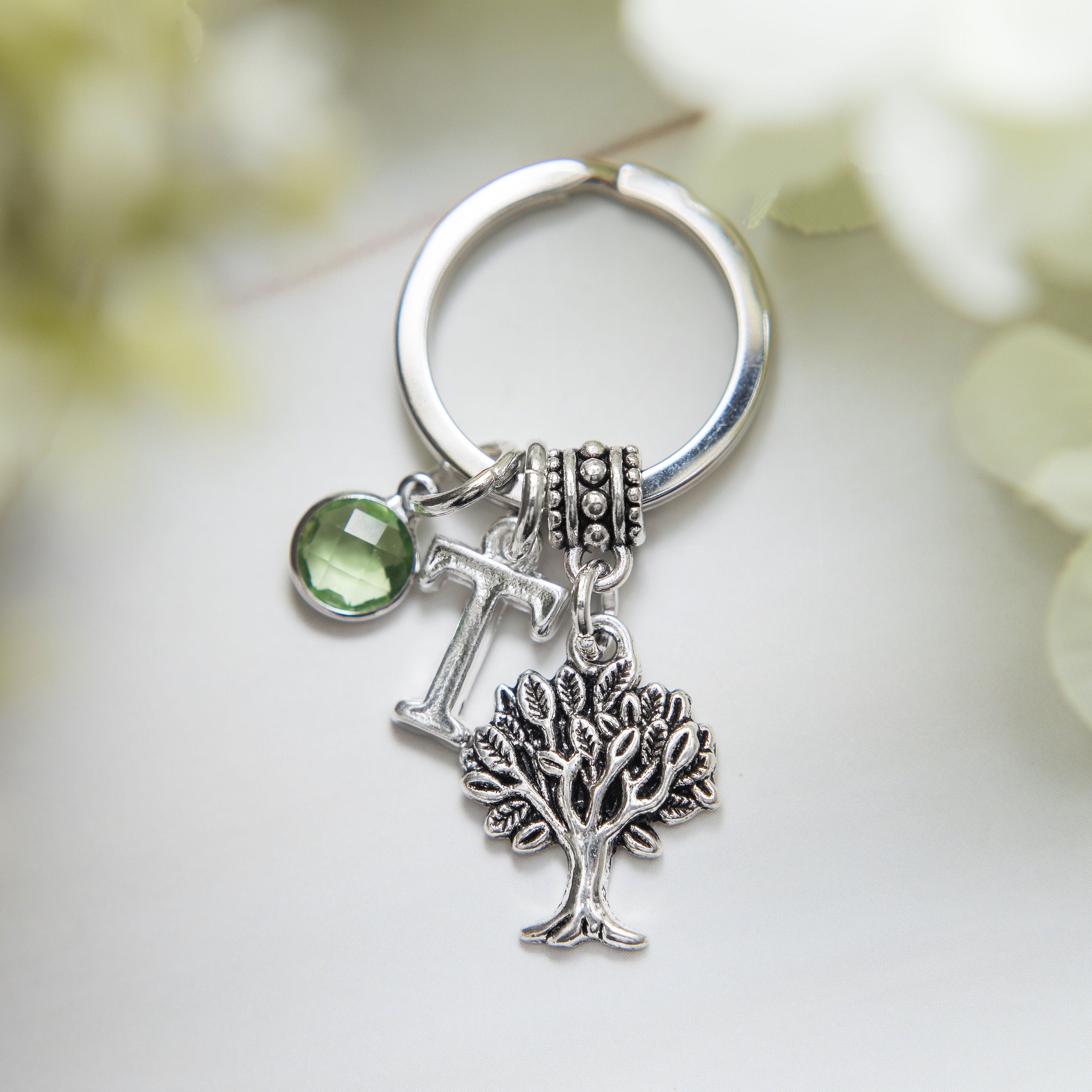 Tree keyring, family tree keychain, personalised gifts, birthstone charm, letter initial bag charm, tree surgeon gift, gardener present