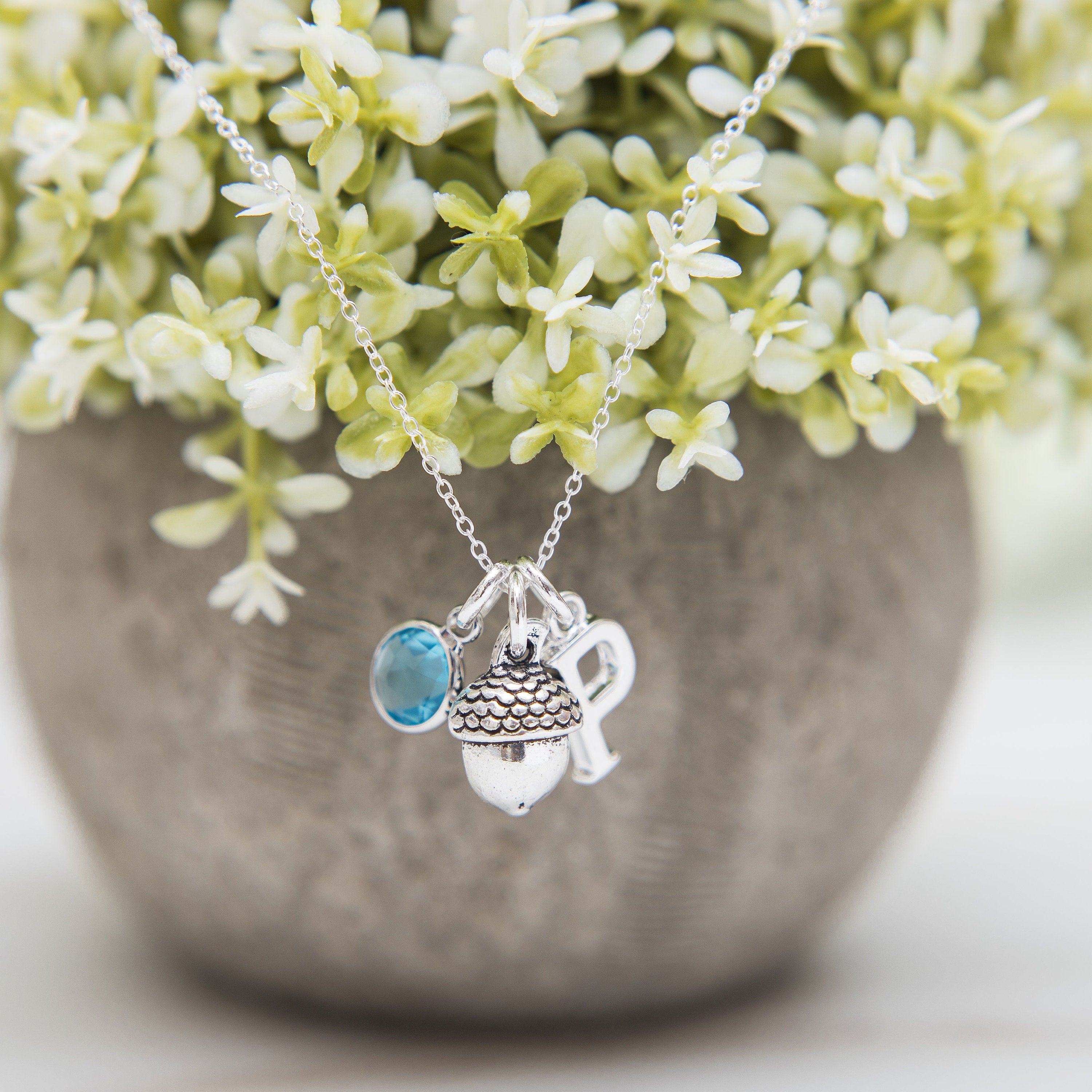 Acorn necklace, personalised gifts, autumnal woodland accessory, teacher thank you gift, birthstone letter charm, nursery nurse gift