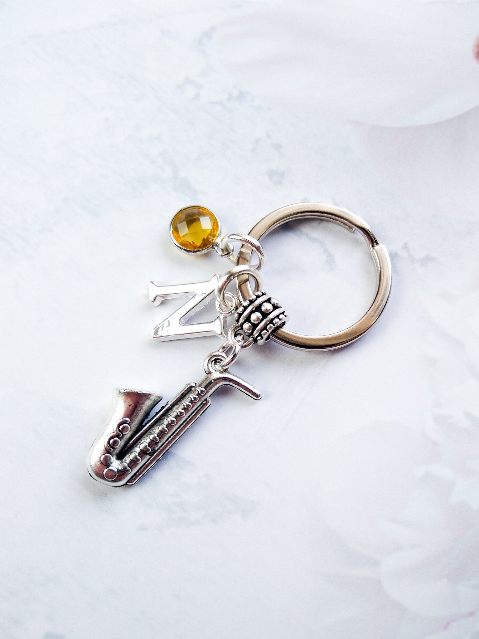 Saxophone keyring, personalised gifts, jazz music keychain, birthstone initial letter, instrument, music teacher thank you