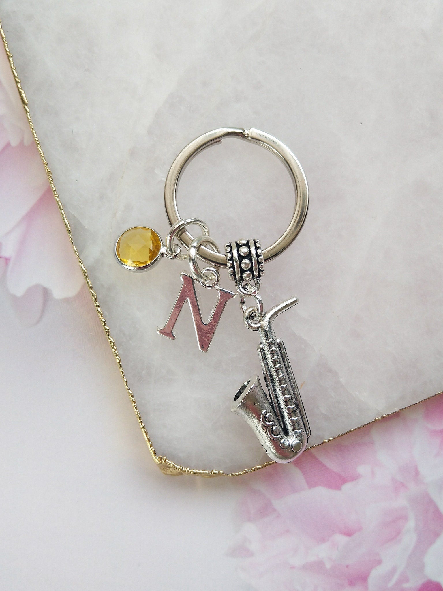 Saxophone keyring, personalised gifts, jazz music keychain, birthstone initial letter, instrument, music teacher thank you