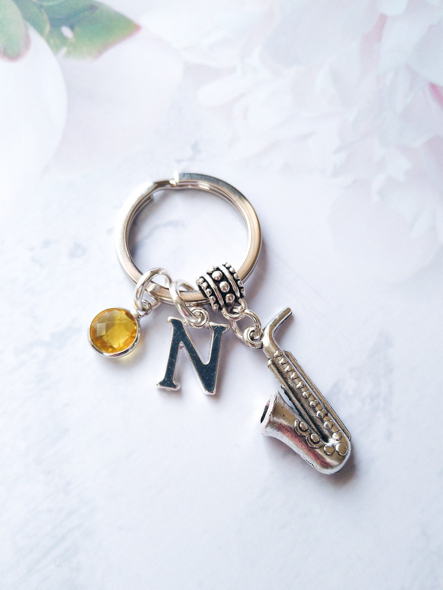 Saxophone keyring, personalised gifts, jazz music keychain, birthstone initial letter, instrument, music teacher thank you