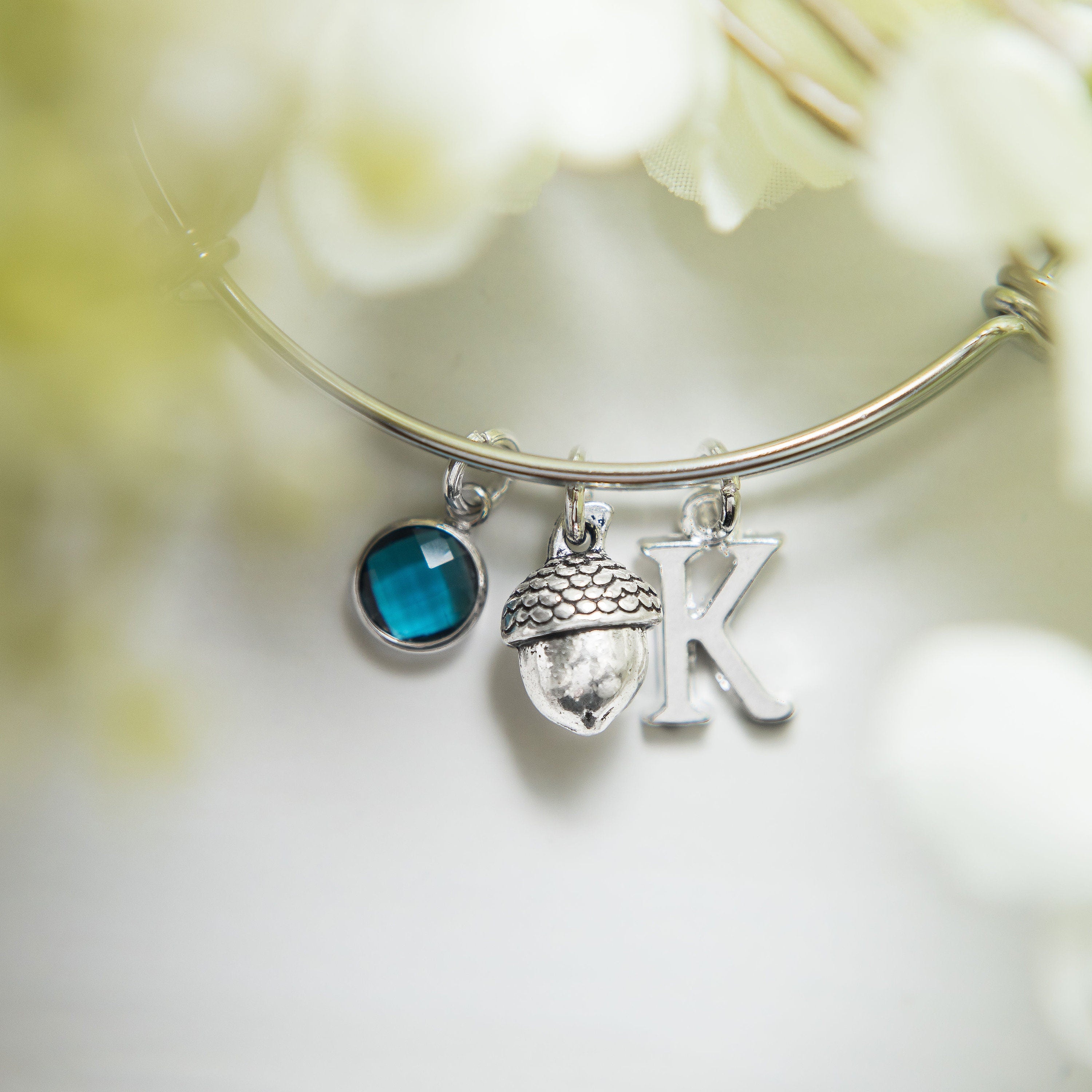 Acorn bracelet, acorn bangle, adjustable bangle, personalised gifts,  birthstone and initial jewellery, woodland gift, nature pendant