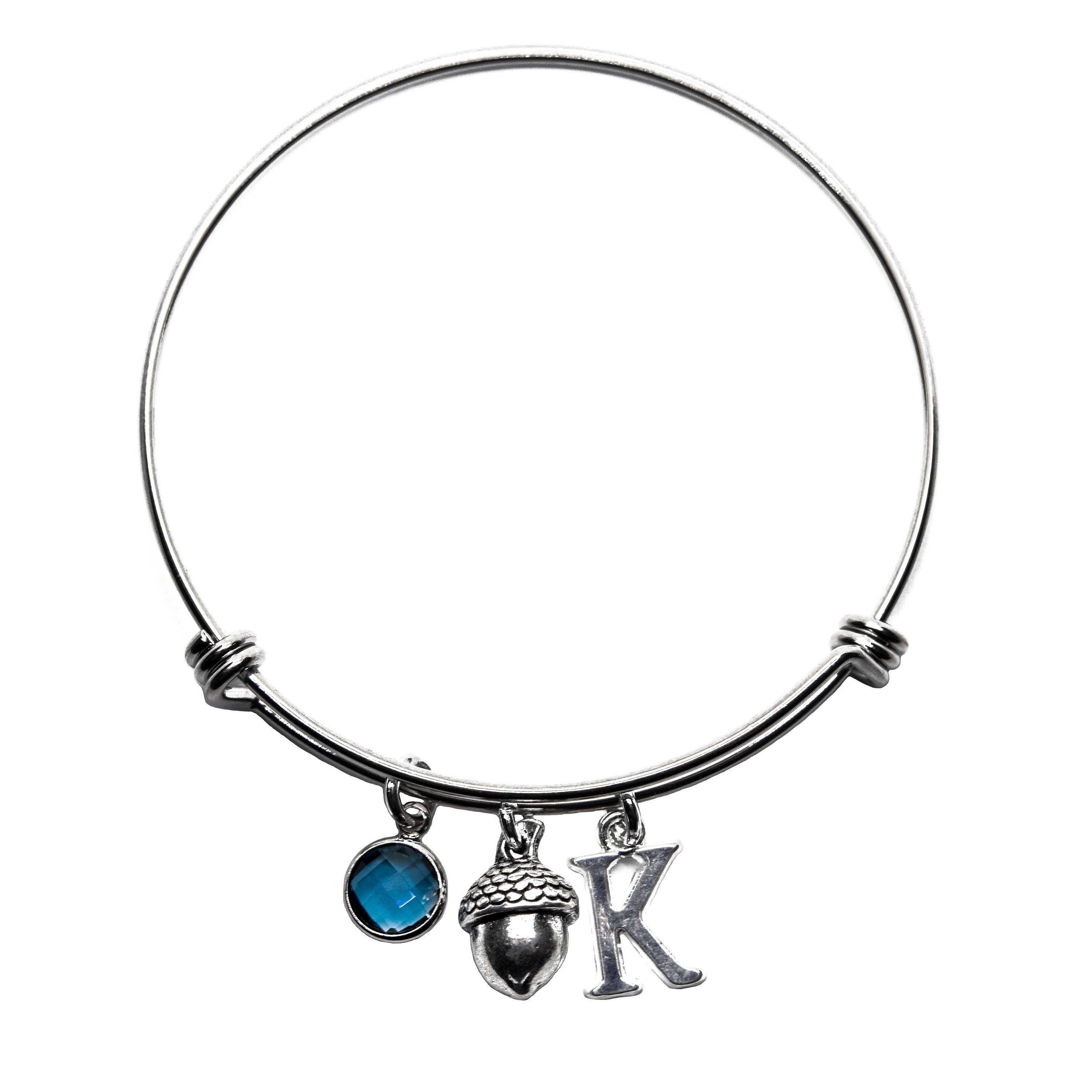 Acorn bracelet, acorn bangle, adjustable bangle, personalised gifts,  birthstone and initial jewellery, woodland gift, nature pendant