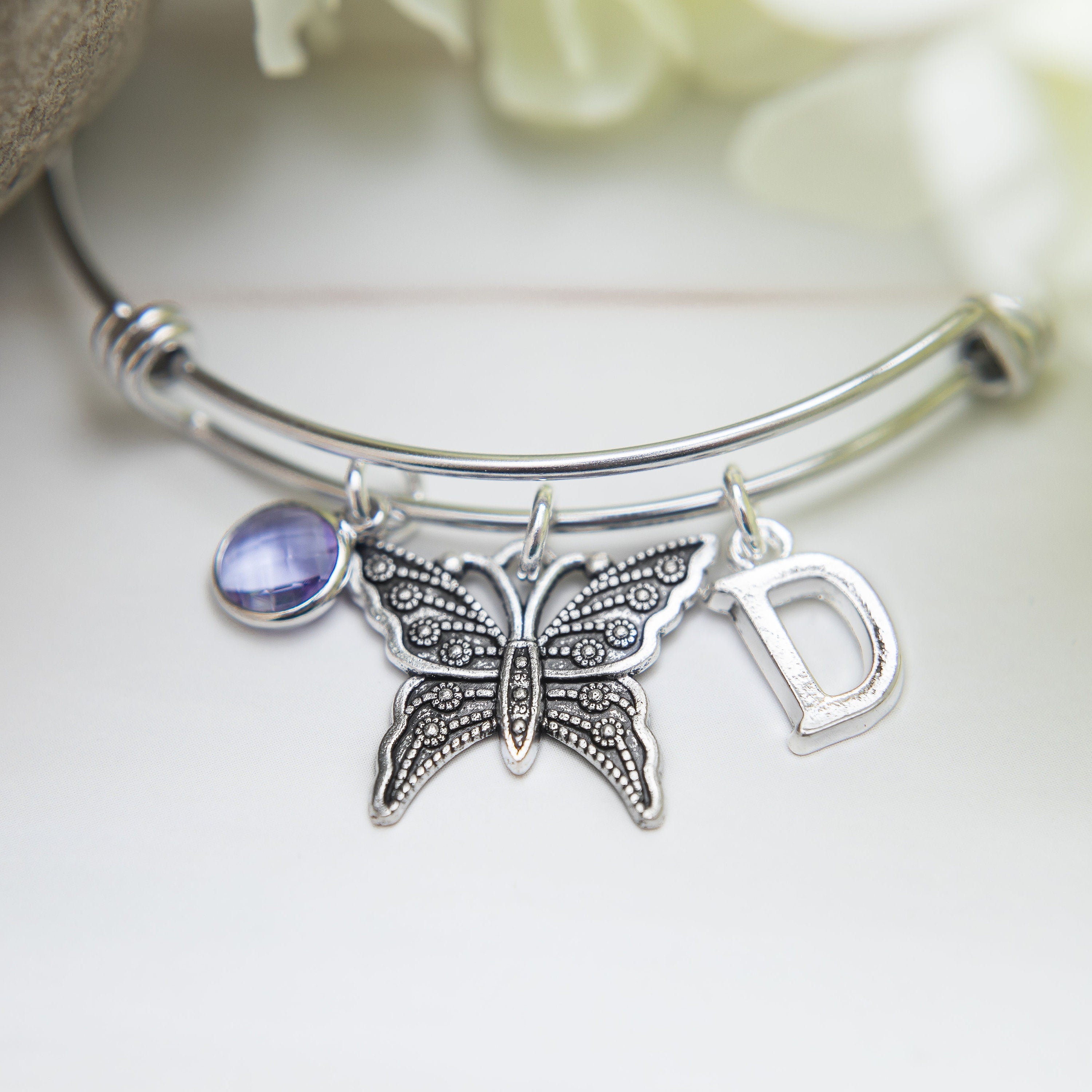 Butterfly Charm Bangle: Personalised Birthstone Initial Bracelet