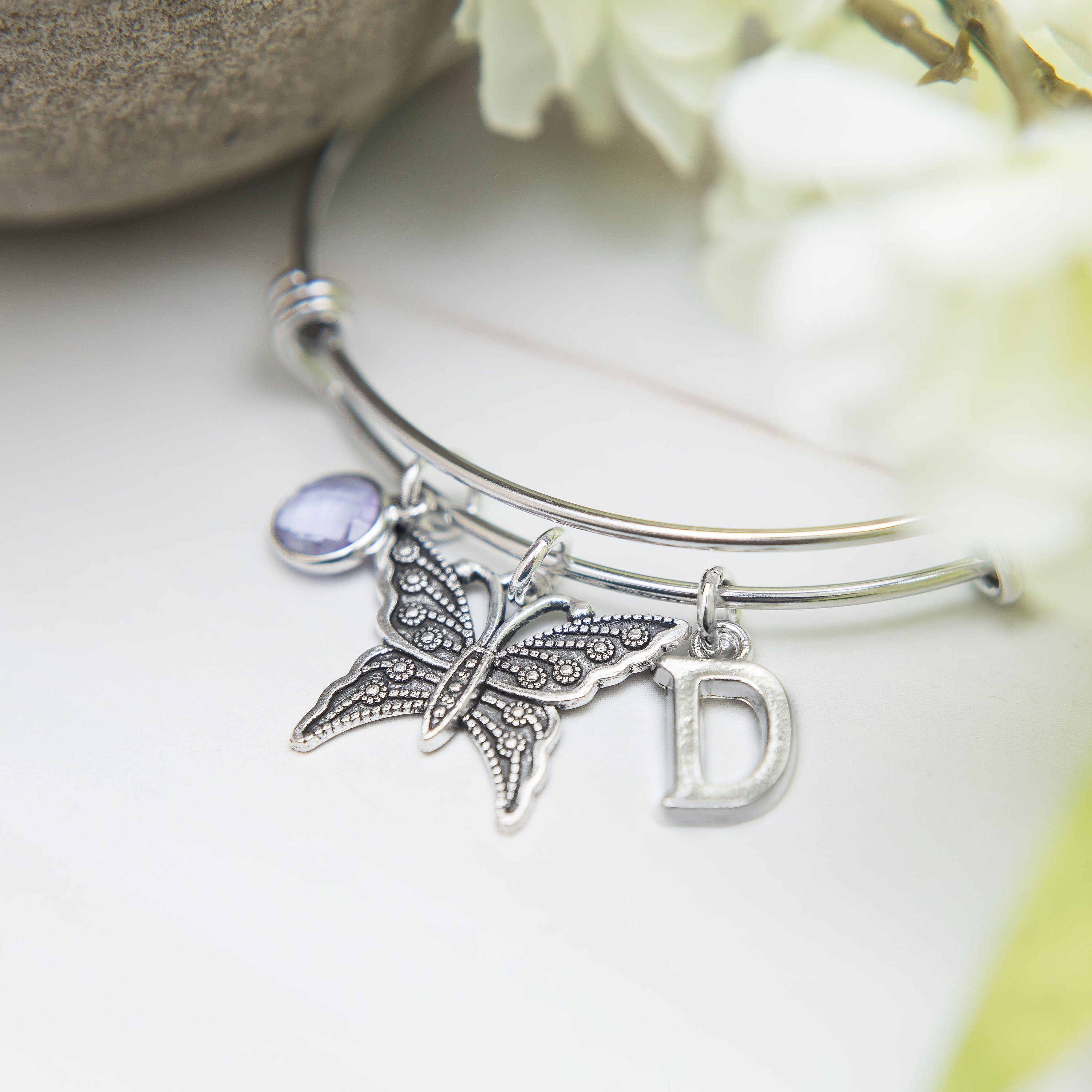 Butterfly Charm Bangle: Personalised Birthstone Initial Bracelet