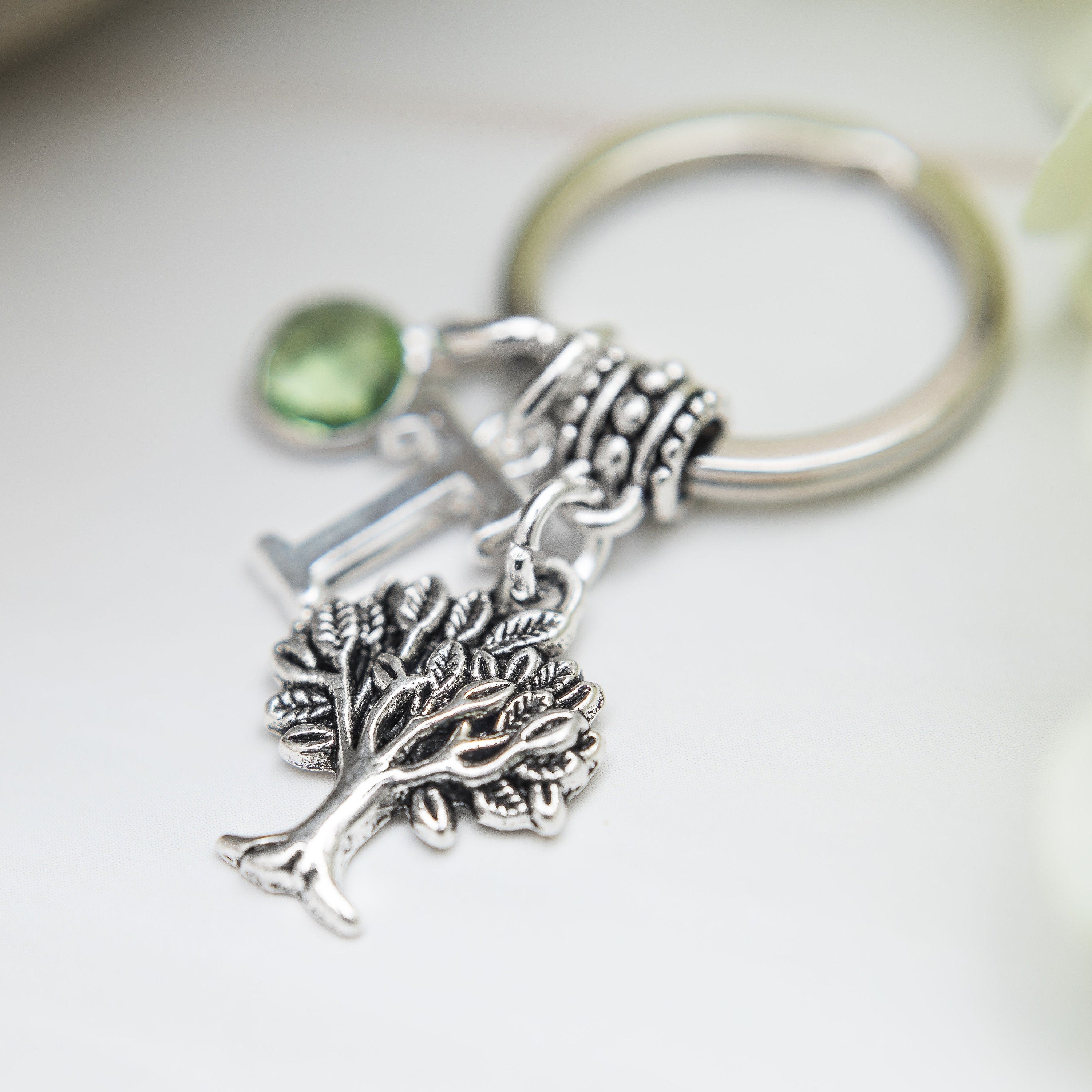 Tree keyring, family tree keychain, personalised gifts, birthstone charm, letter initial bag charm, tree surgeon gift, gardener present