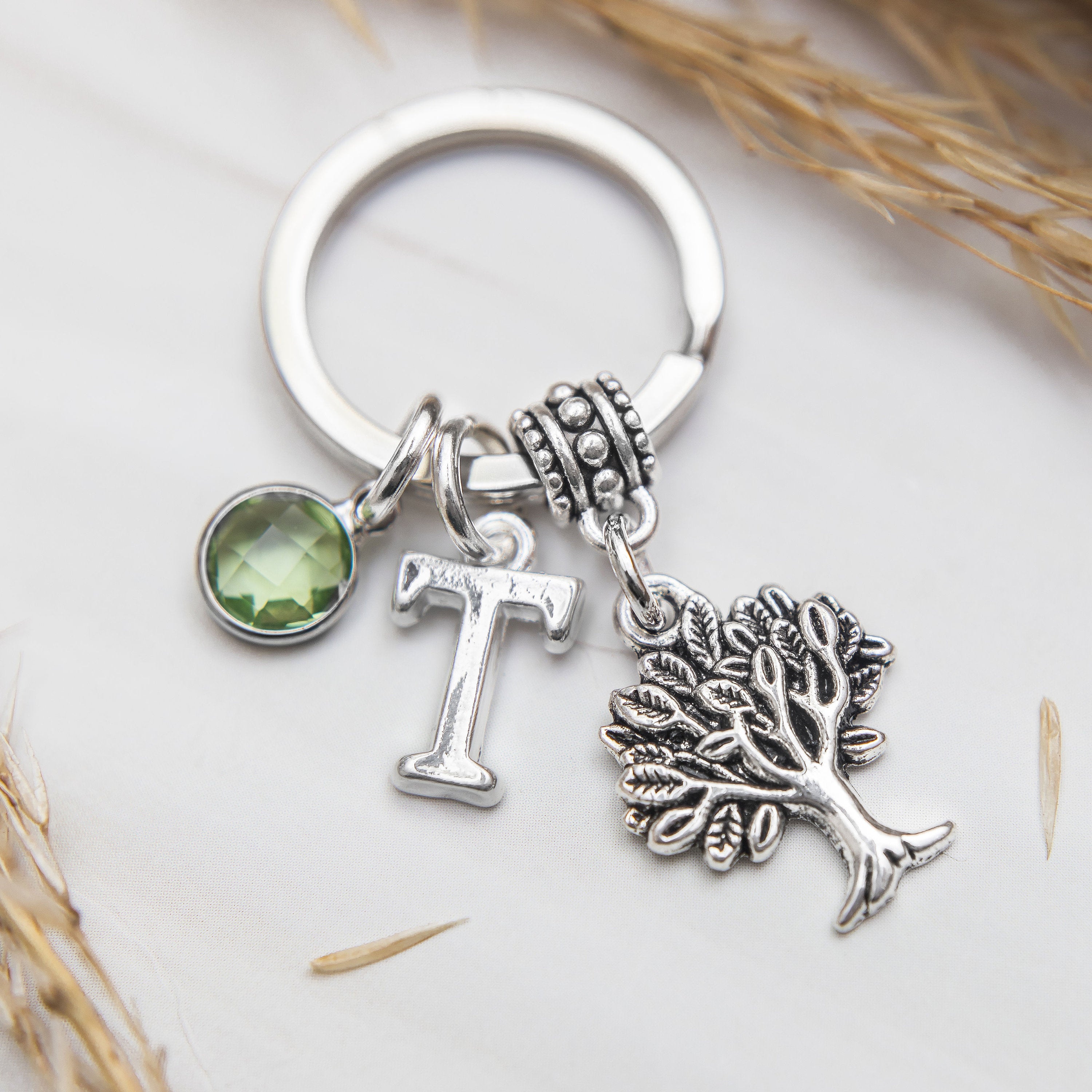 Tree keyring, family tree keychain, personalised gifts, birthstone charm, letter initial bag charm, tree surgeon gift, gardener present