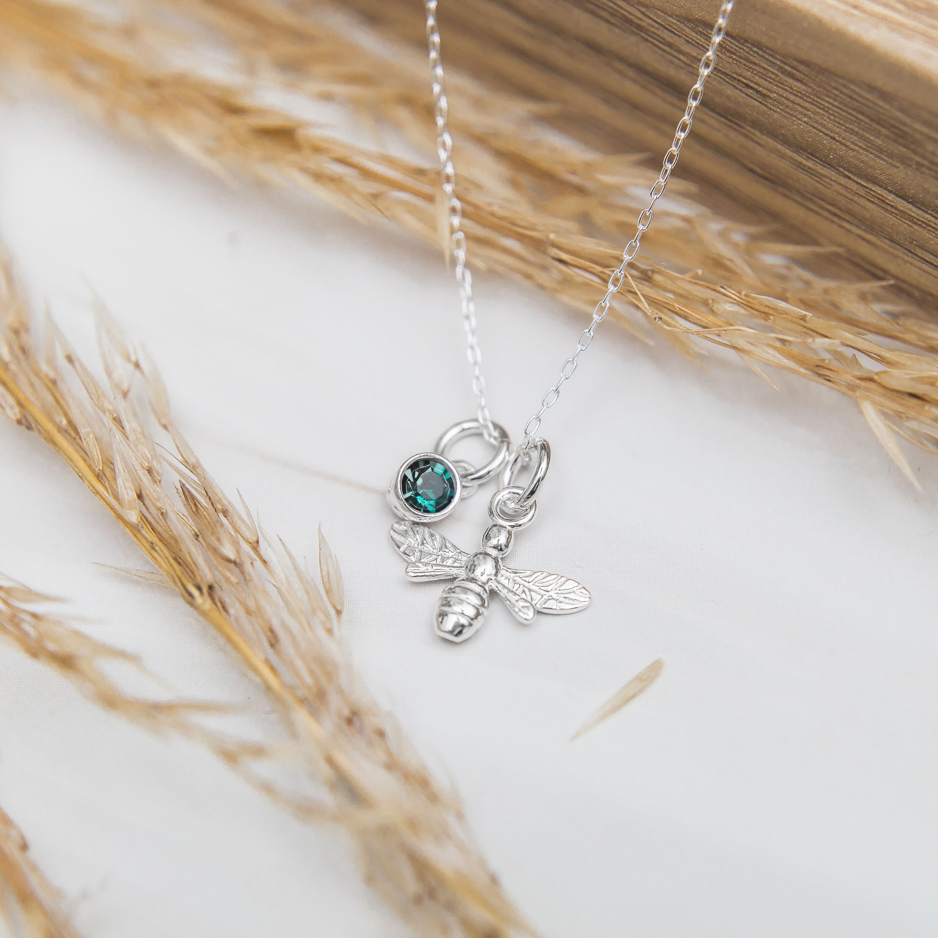 Silver bee necklace, personalised gifts, 925 sterling silver charm jewellery, bumble bee, queen bee accessory, birthstone birthday letter