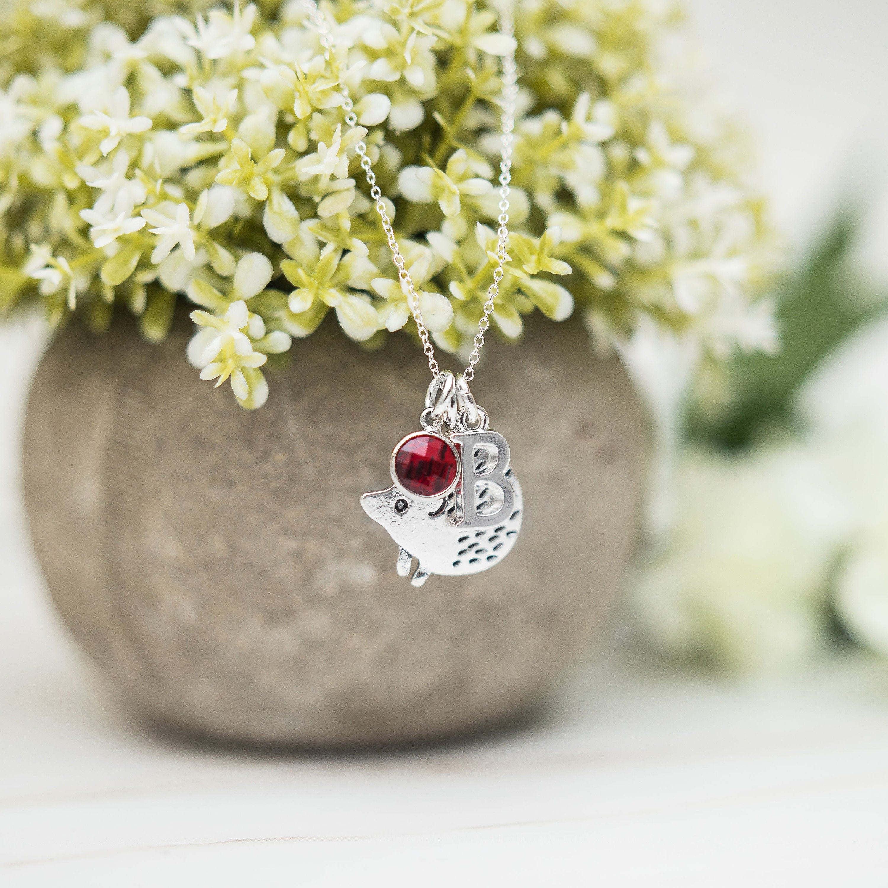 Hedgehog necklace, personalised gifts, birthstone letter jewellery, woodland animal gift, birthstone initial letter, hedgehog theme gift
