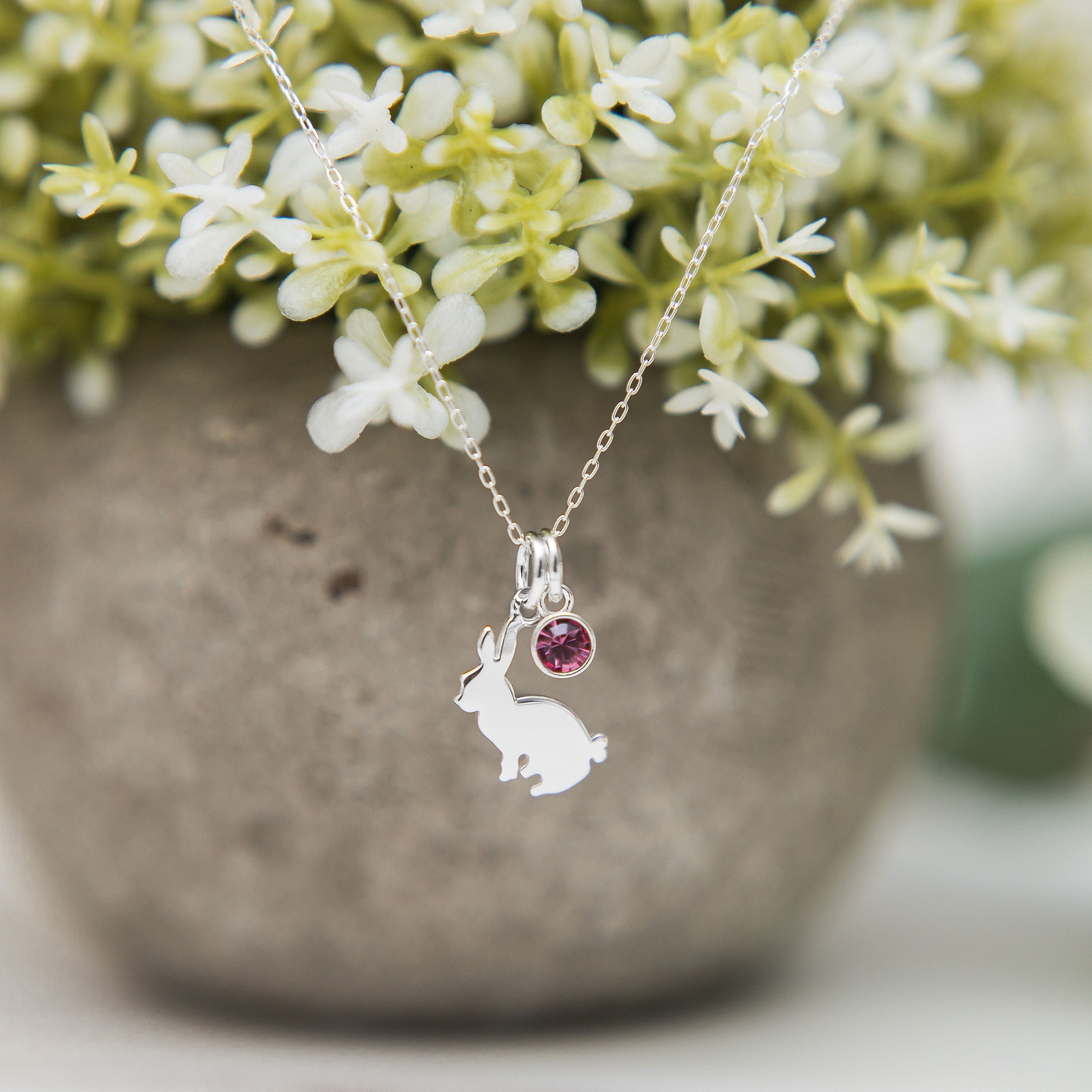 Silver rabbit necklace, personalised gifts, 925 sterling silver jewellery, birthstone initial letter, pet loss keepsake, Easter bunny gift