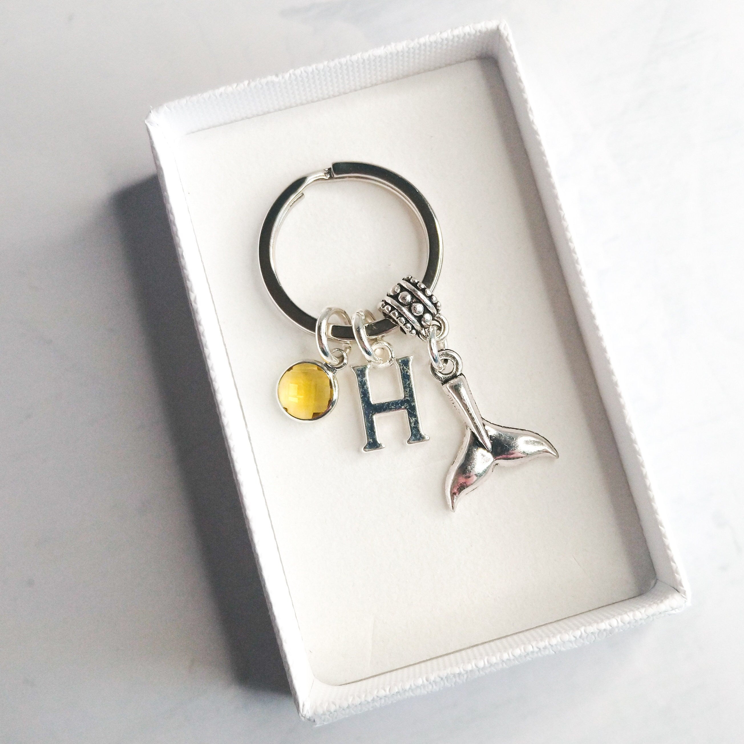 Whale tail keyring, personalised gifts, birthstone and initial charms, animal keychain, whale lover gift, ocean sea creature bag charm