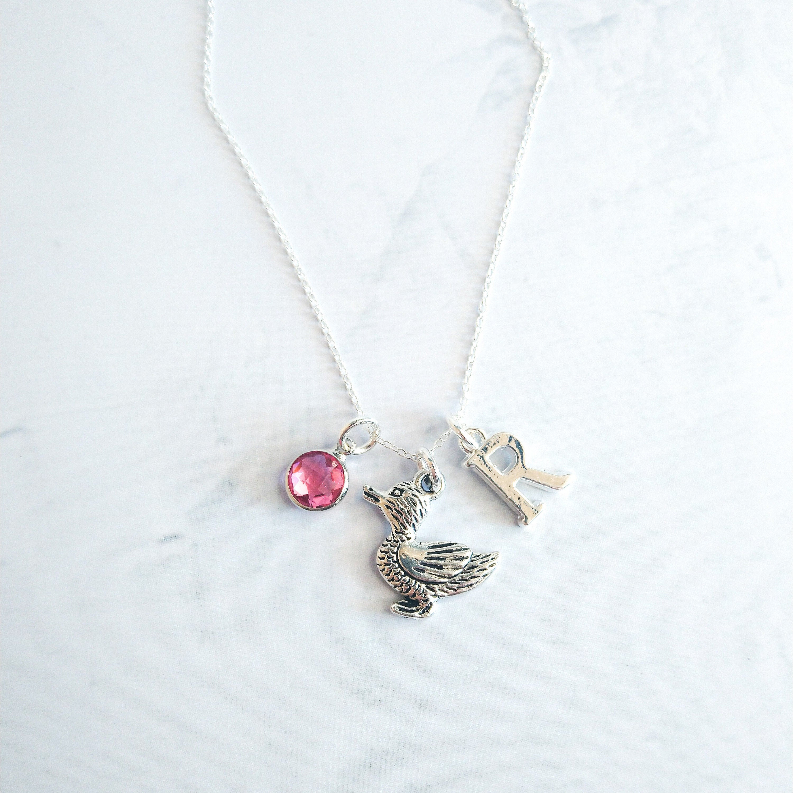 Duck necklace, personalised duck gifts, duck jewellery for women, birthstone and initial charms