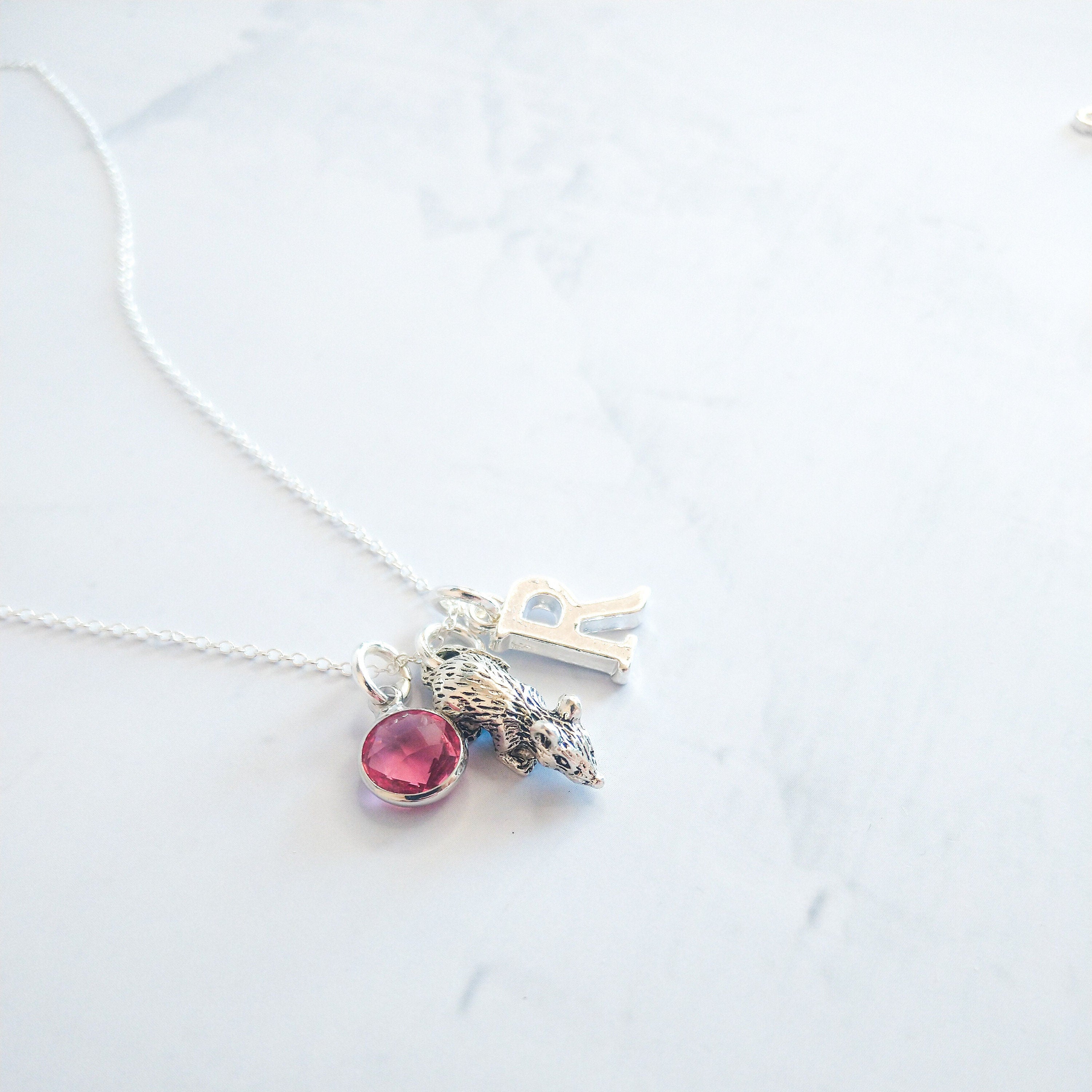 Mouse necklace, personalised gifts, mice jewellery for women, birthstone and initial charms, rodent gift