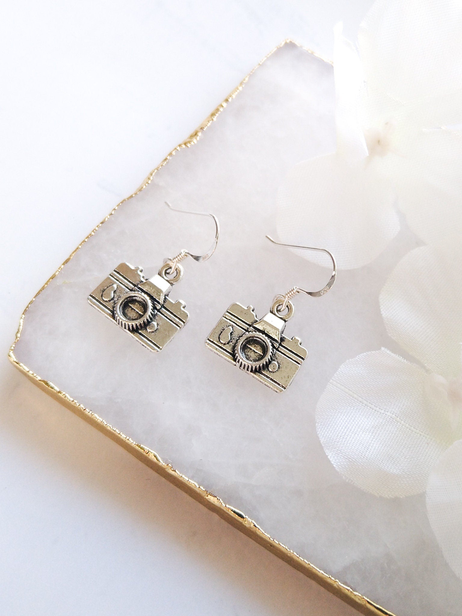Camera earrings, 925 sterling silver ear wires, camera jewellery, gifts for photographer