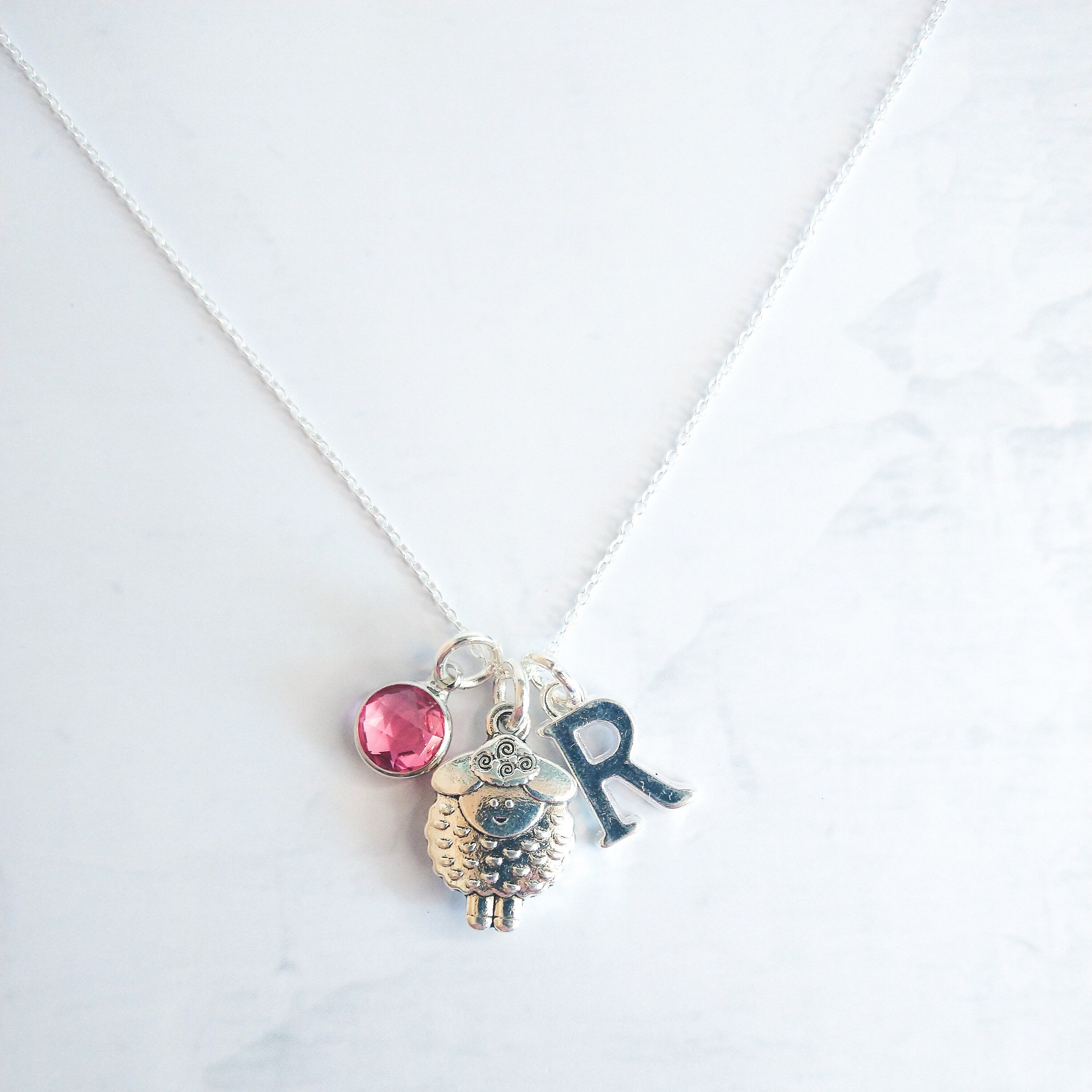 Sheep necklace, personalised gifts, animal jewellery, knitting gift, birthstone and initial