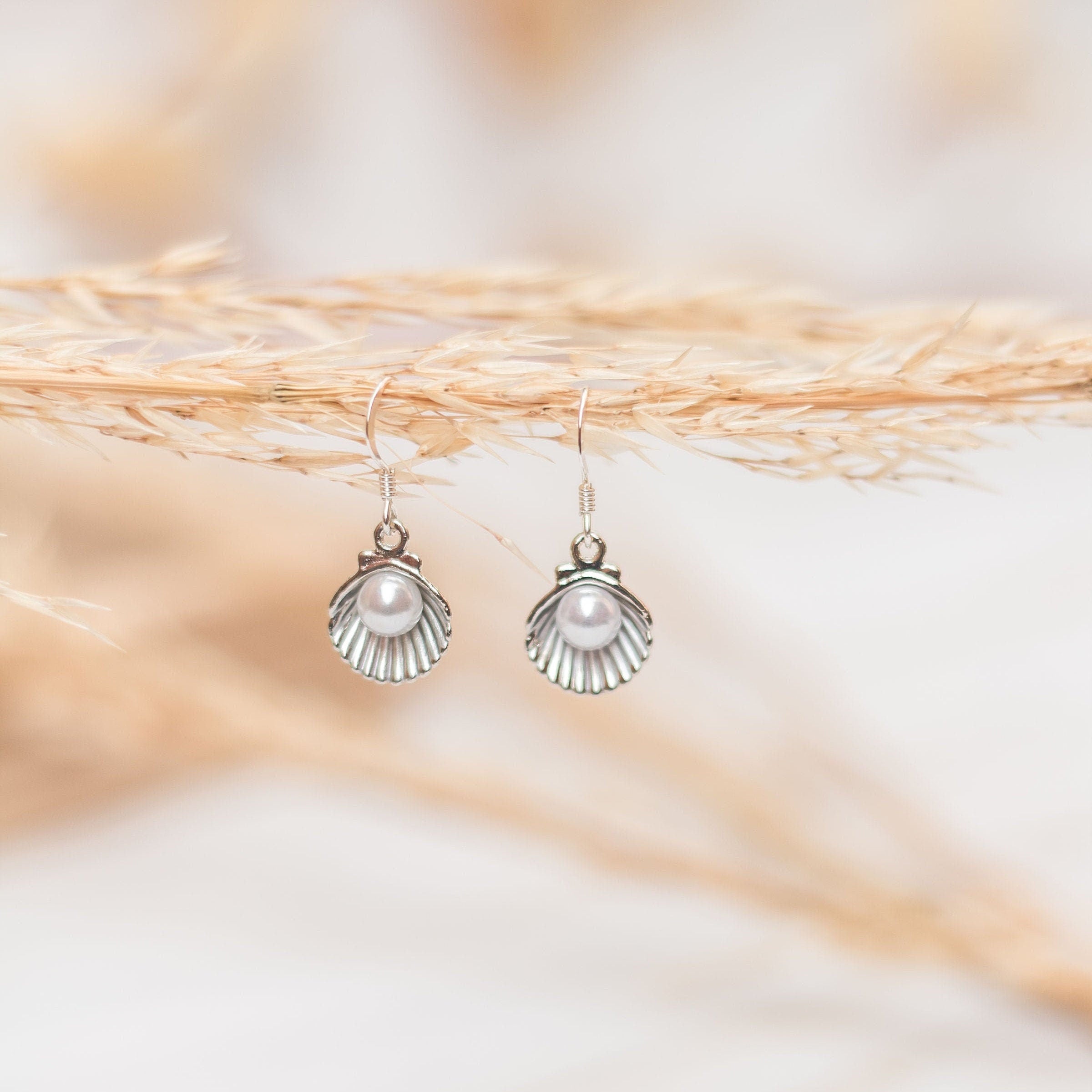 Shell earrings, seashell jewellery, beach holiday accessory, pearl dangle earrings, ocean sea gift, 40th pearl anniversary