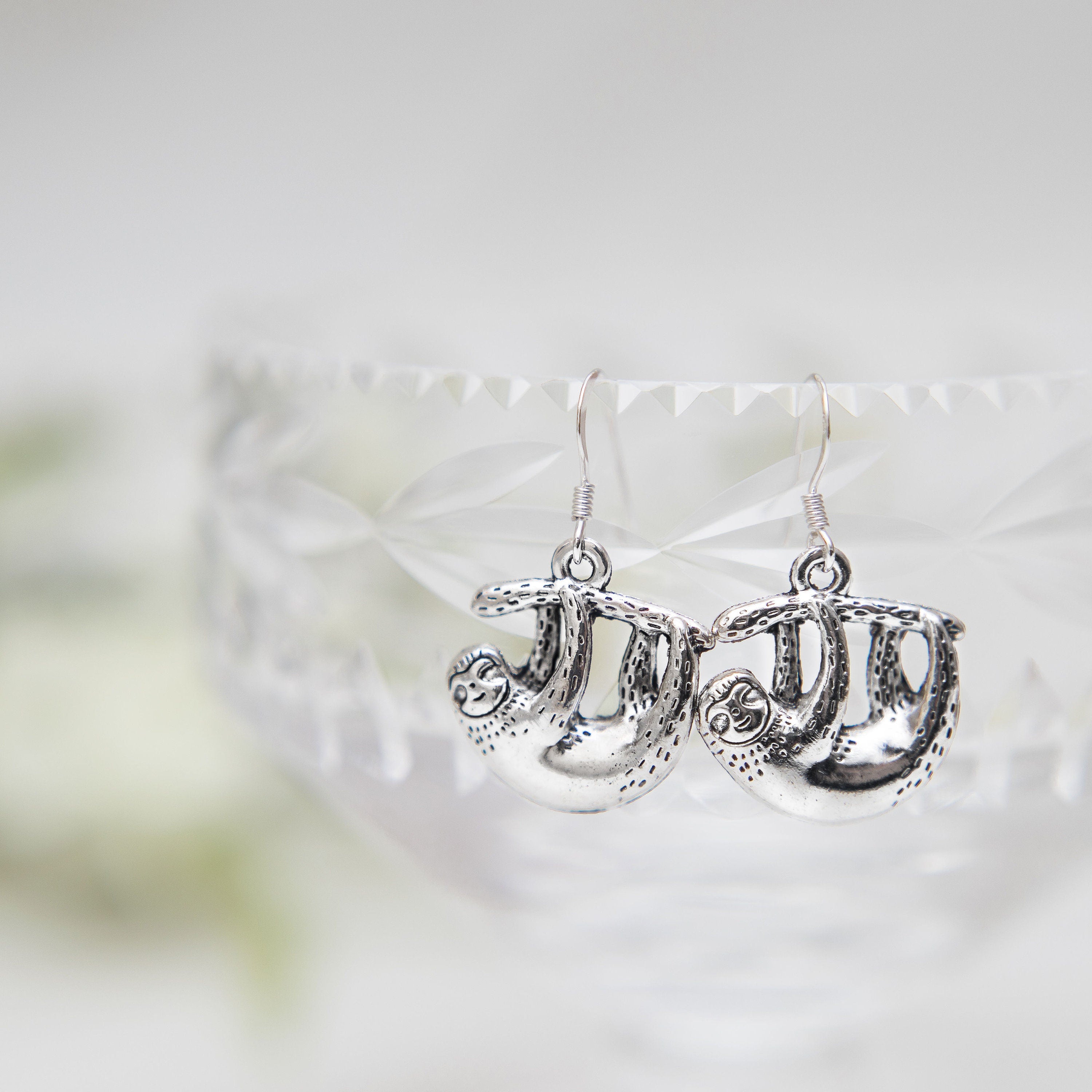 Sloth earrings, animal jewellery, sloth theme gifts, jungle animal accessory, slow down keepsake, hanging sloth,