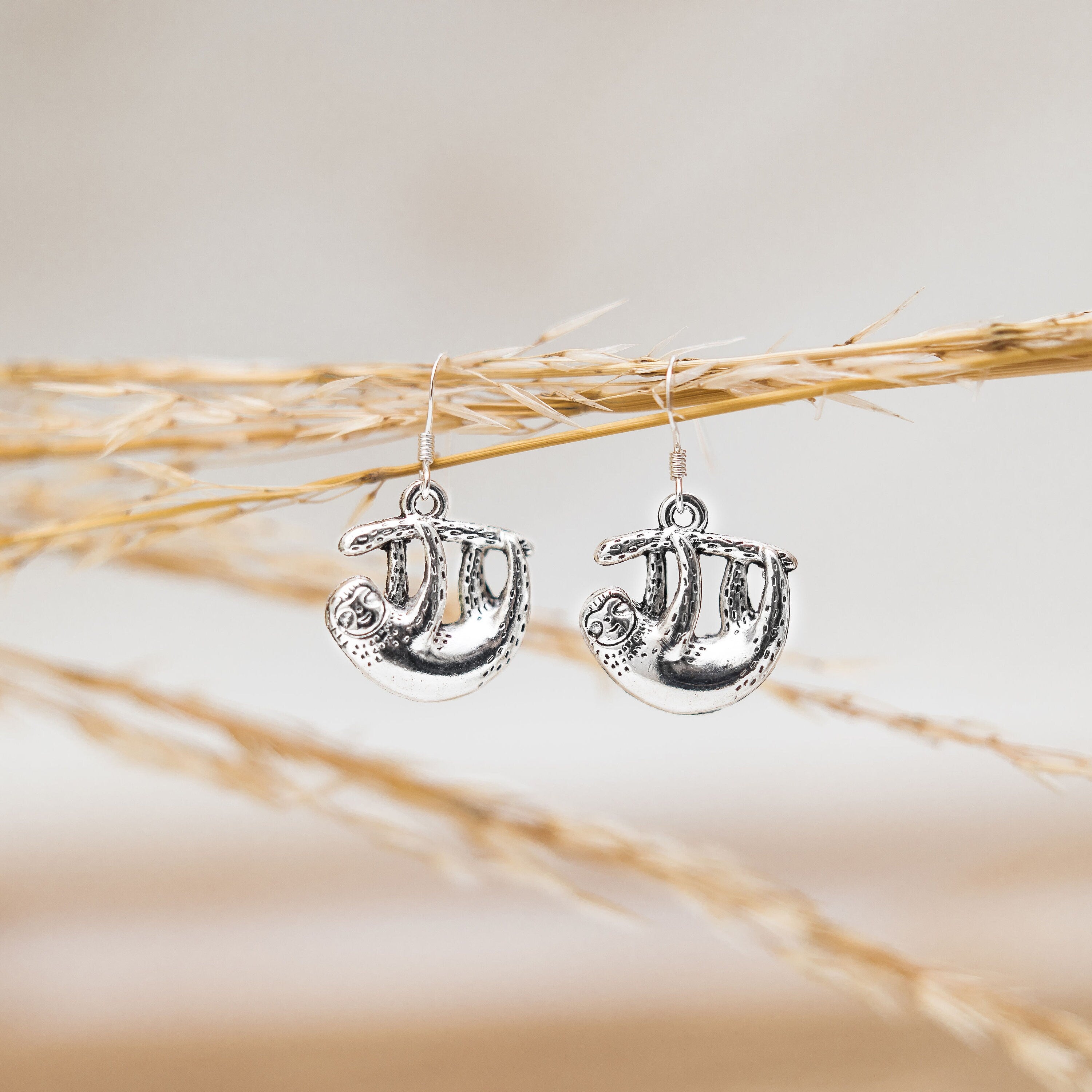 Sloth earrings, animal jewellery, sloth theme gifts, jungle animal accessory, slow down keepsake, hanging sloth,