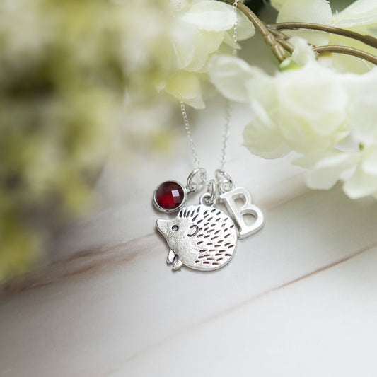 Hedgehog necklace, personalised gifts, birthstone letter jewellery, woodland animal gift, birthstone initial letter, hedgehog theme gift