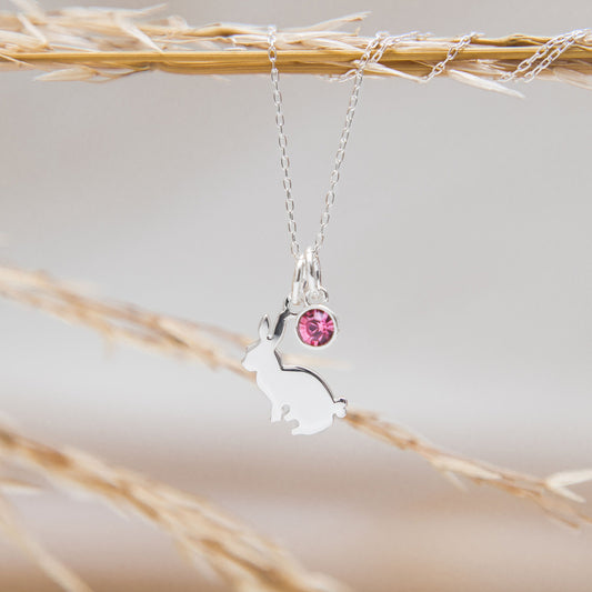 Silver rabbit necklace, personalised gifts, 925 sterling silver jewellery, birthstone initial letter, pet loss keepsake, Easter bunny gift