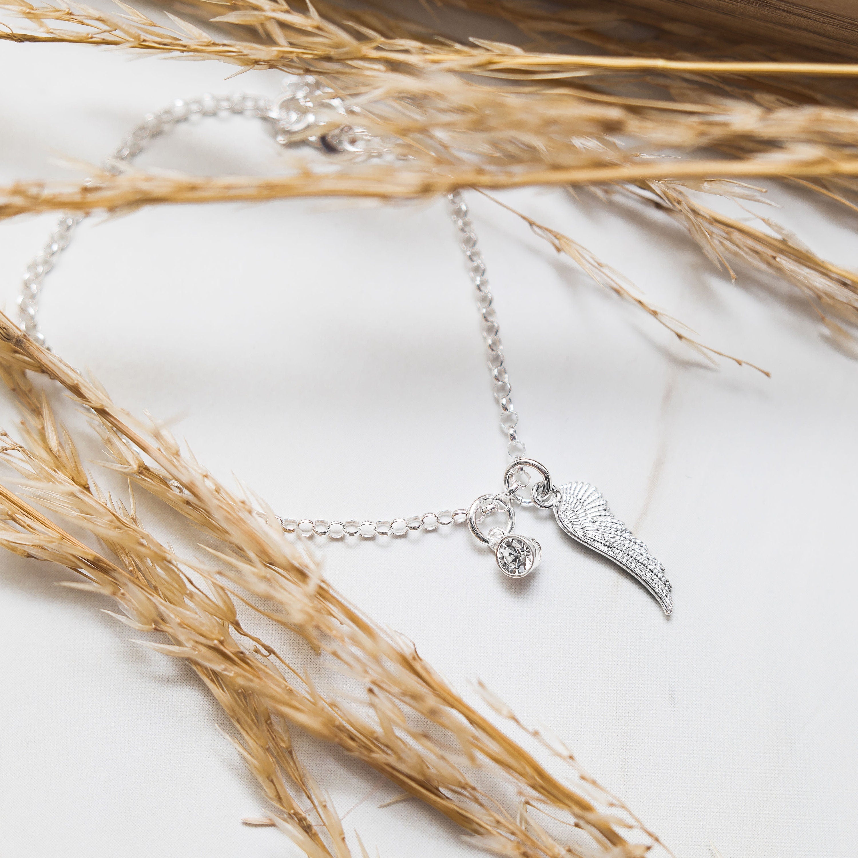 Silver angel wing bracelet - 925 sterling silver - birthstone letter initial jewellery - belcher chain charm bracelet - personalised gifts