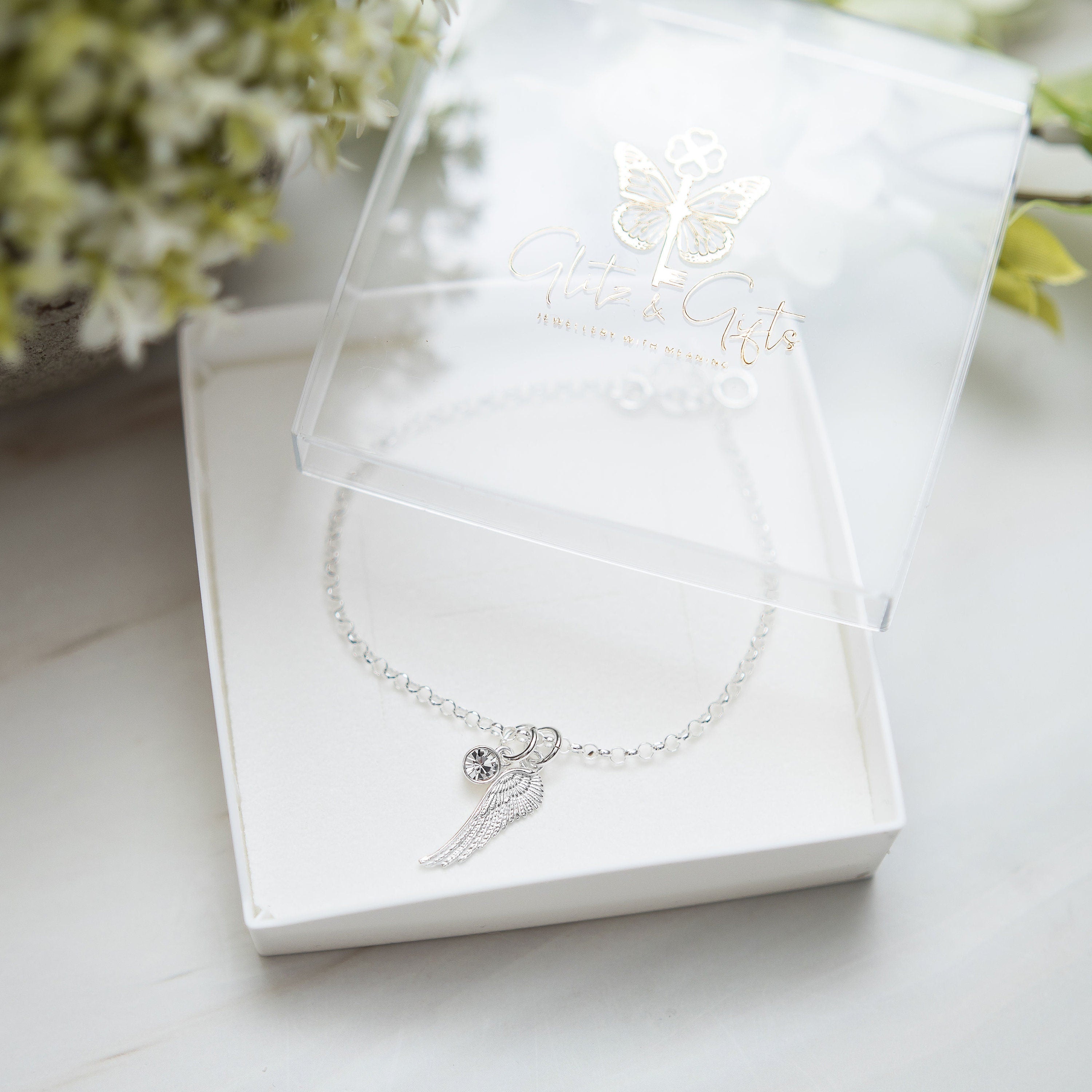 Silver angel wing bracelet - 925 sterling silver - birthstone letter initial jewellery - belcher chain charm bracelet - personalised gifts