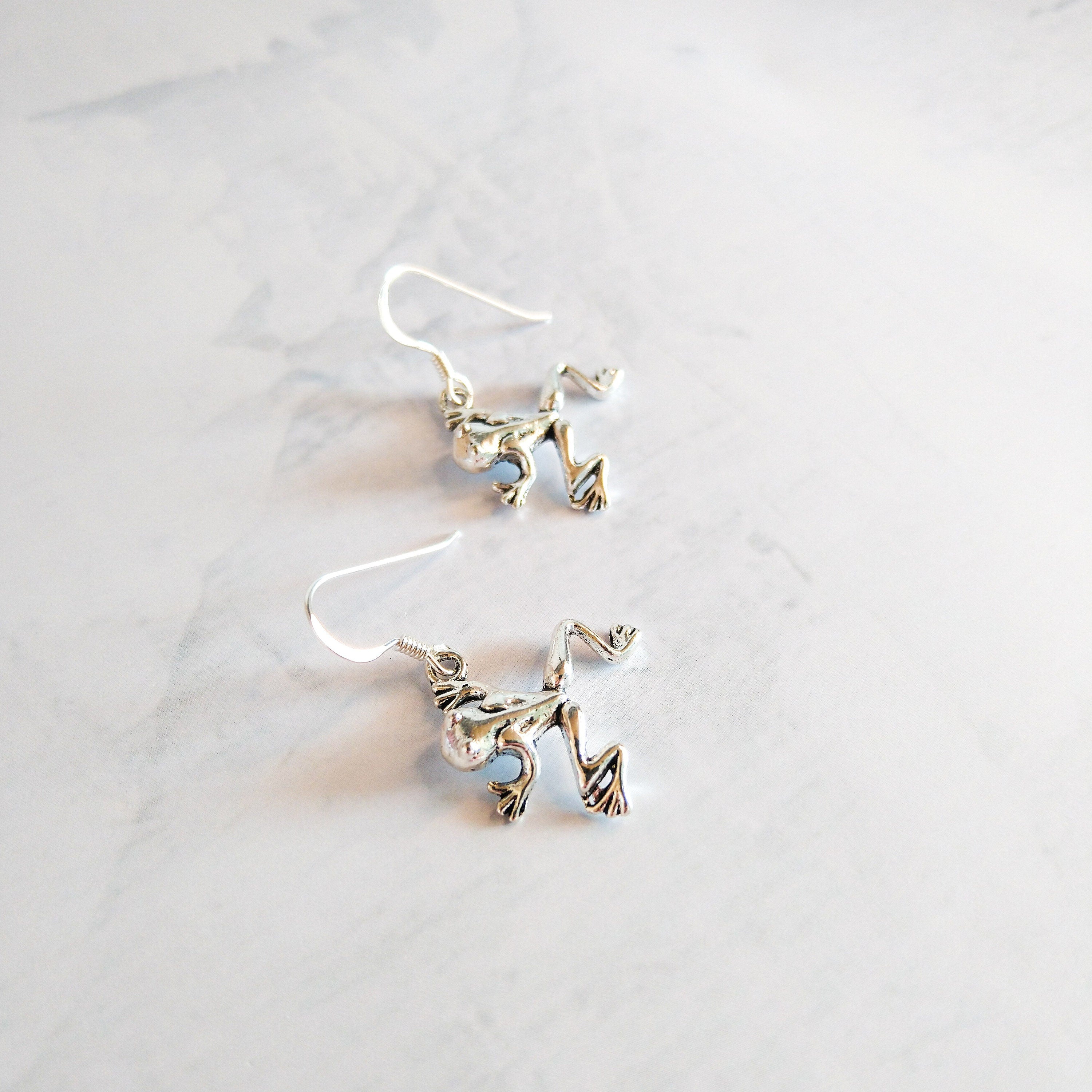 Frog earrings - animal jewellery - 925 sterling silver drop ear wires - gifts for frog fans