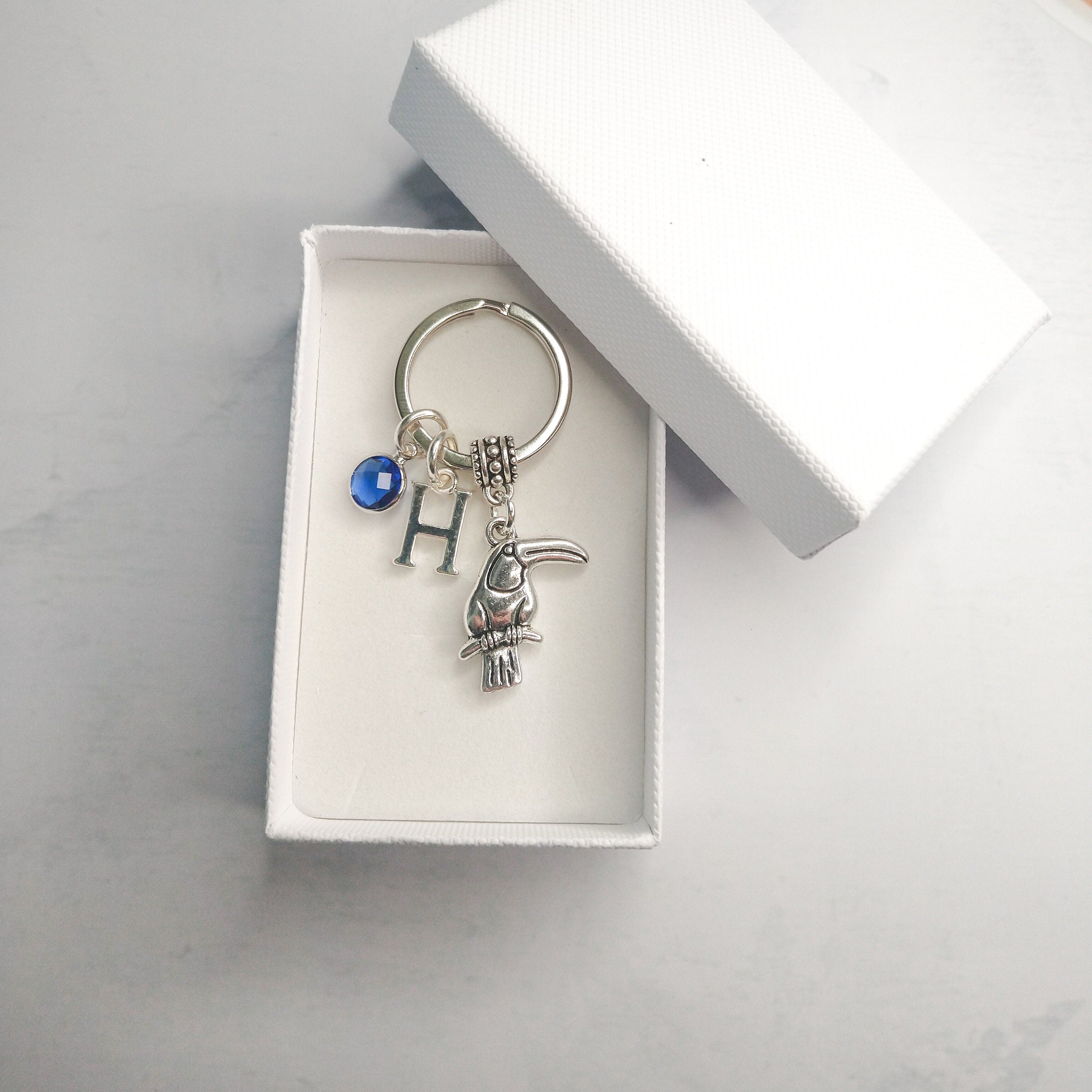 Toucan keyring, personalised toucan gifts, birthstone initial keychain, bird jewellery