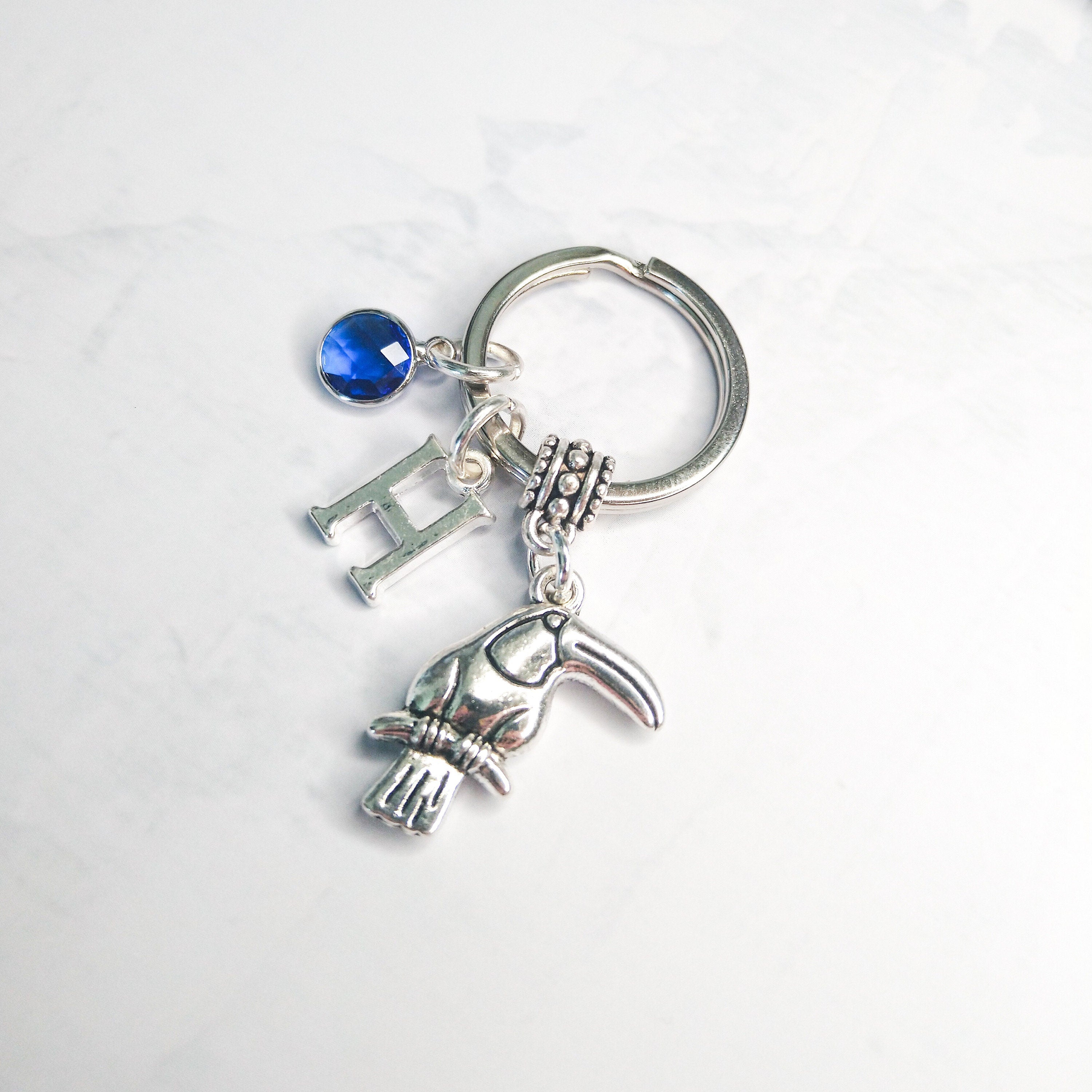 Toucan keyring, personalised toucan gifts, birthstone initial keychain, bird jewellery