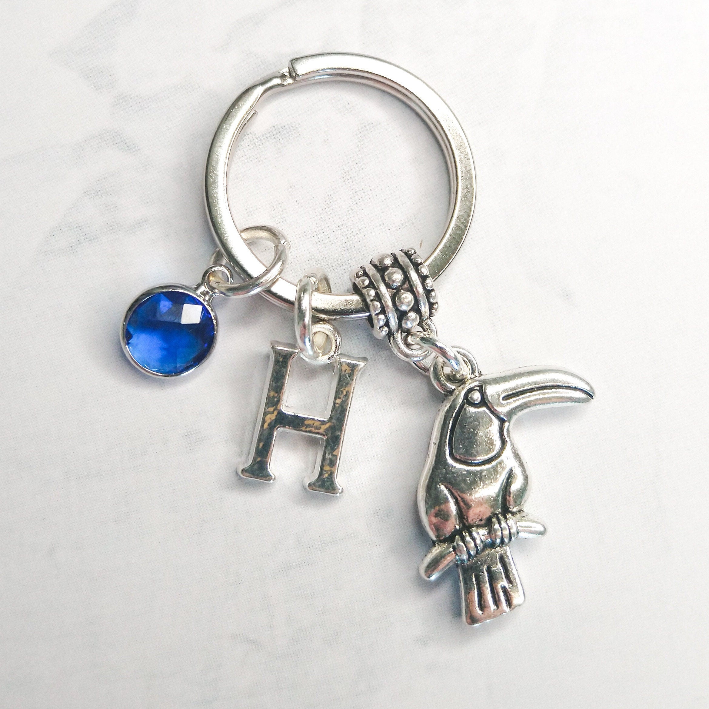 Toucan keyring, personalised toucan gifts, birthstone initial keychain, bird jewellery