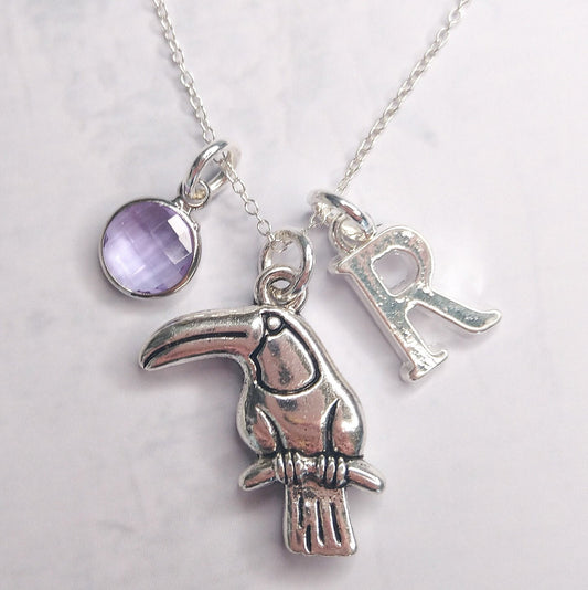 Toucan necklace, personalised toucan gifts, bird jewellery, birthstone and initial necklace