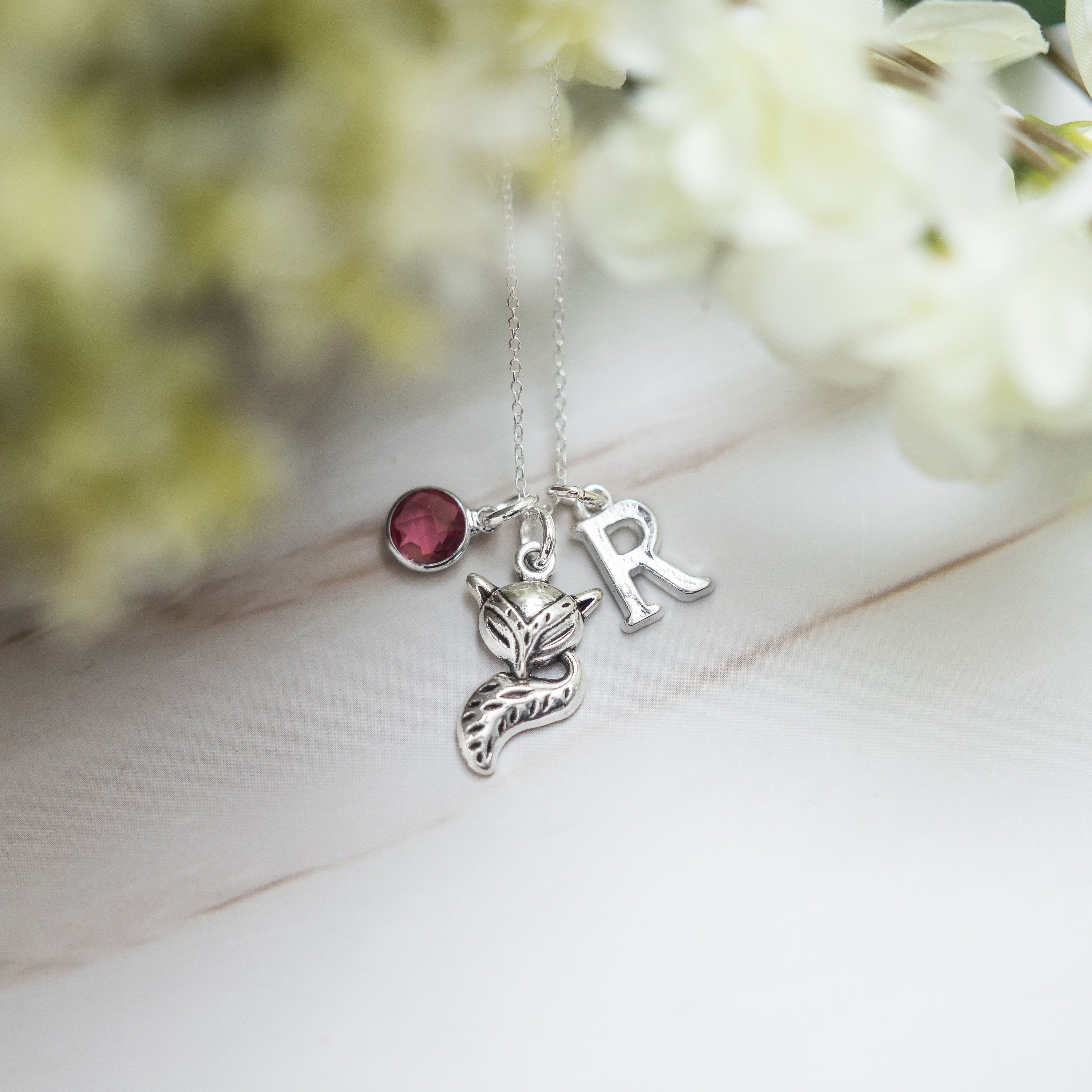 Fox necklace, personalised gifts, women's jewellery, woodland gift, vixen accessory, birthstone initial letter, custom animal gift