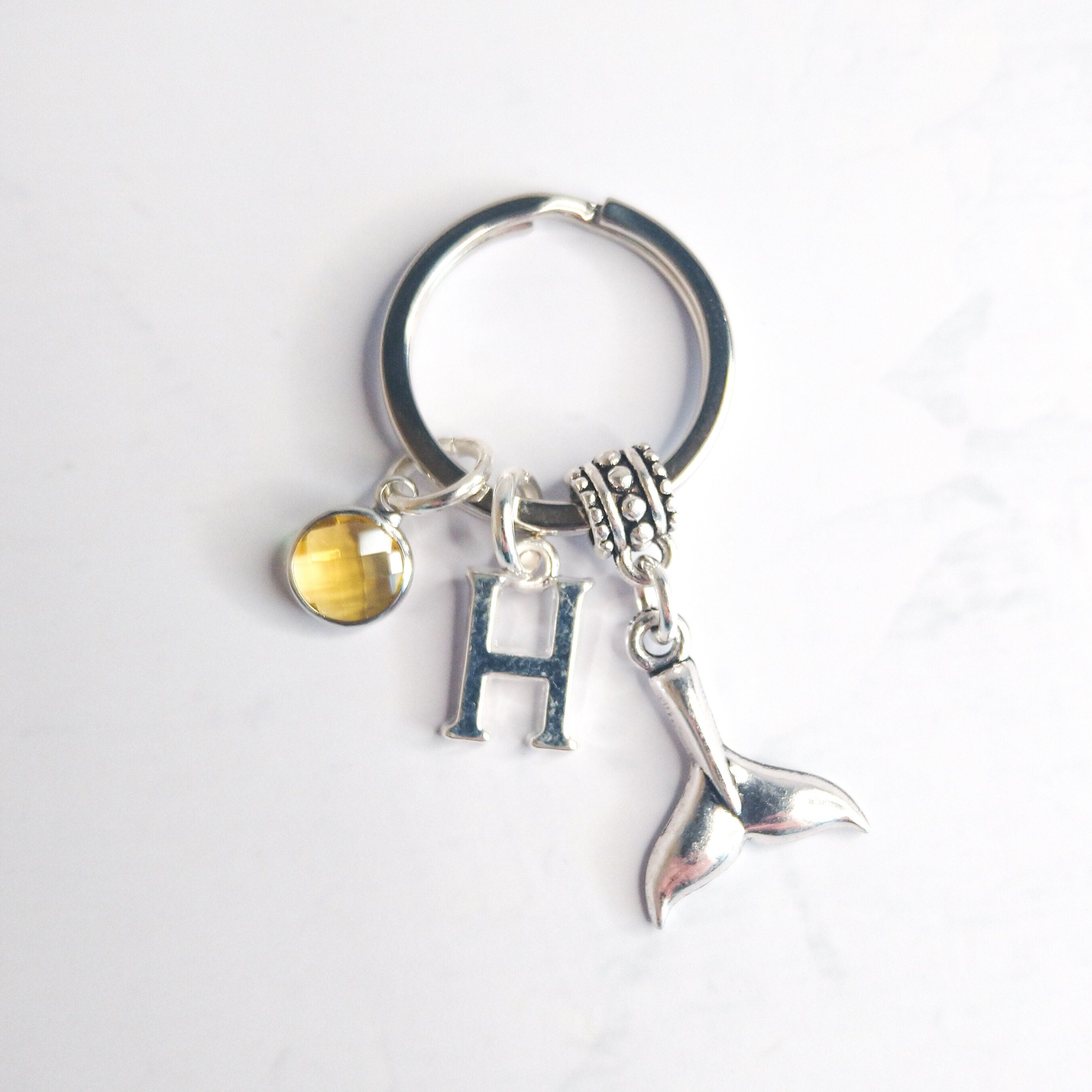 Whale tail keyring, personalised gifts, birthstone and initial charms, animal keychain, whale lover gift, ocean sea creature bag charm