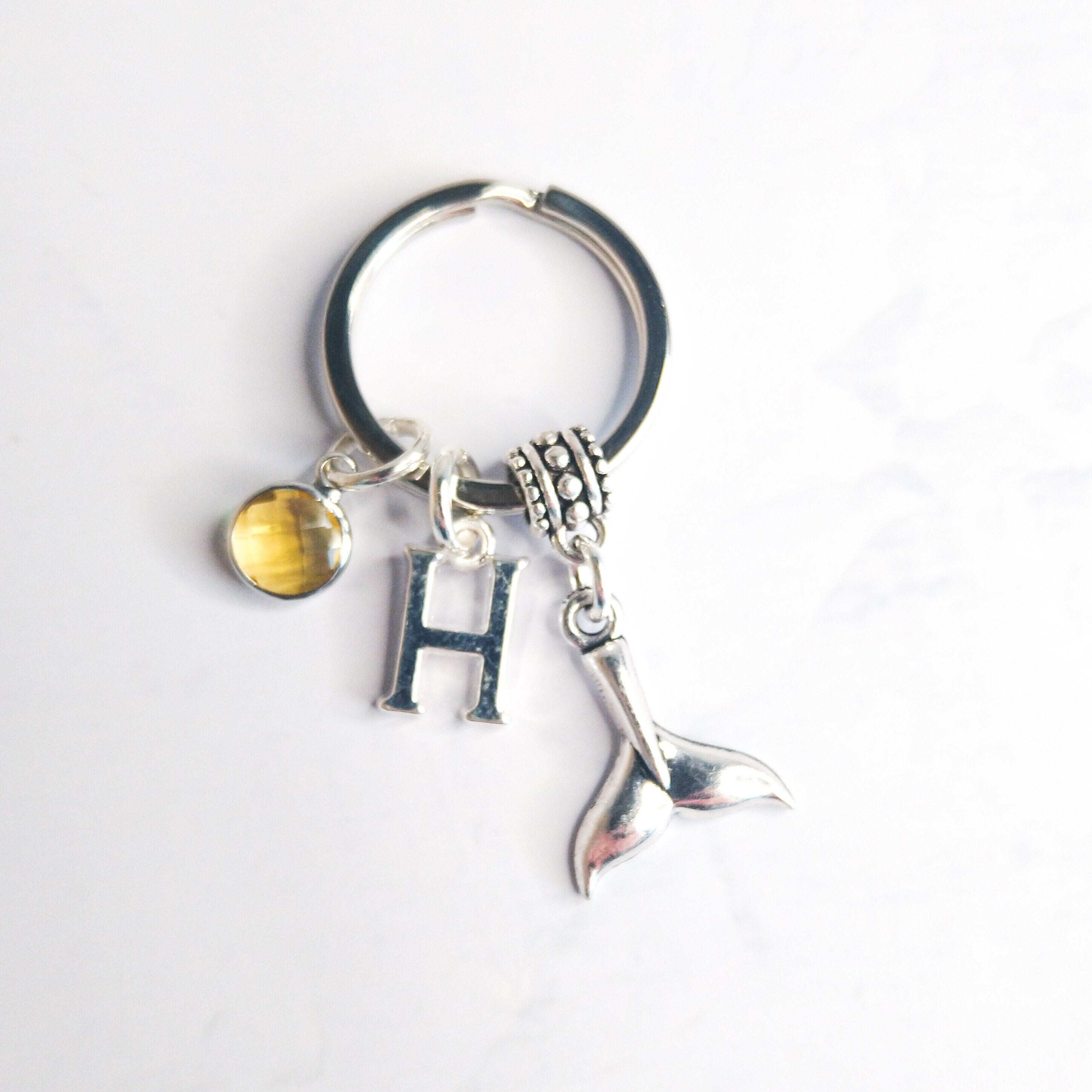 Whale tail keyring, personalised gifts, birthstone and initial charms, animal keychain, whale lover gift, ocean sea creature bag charm