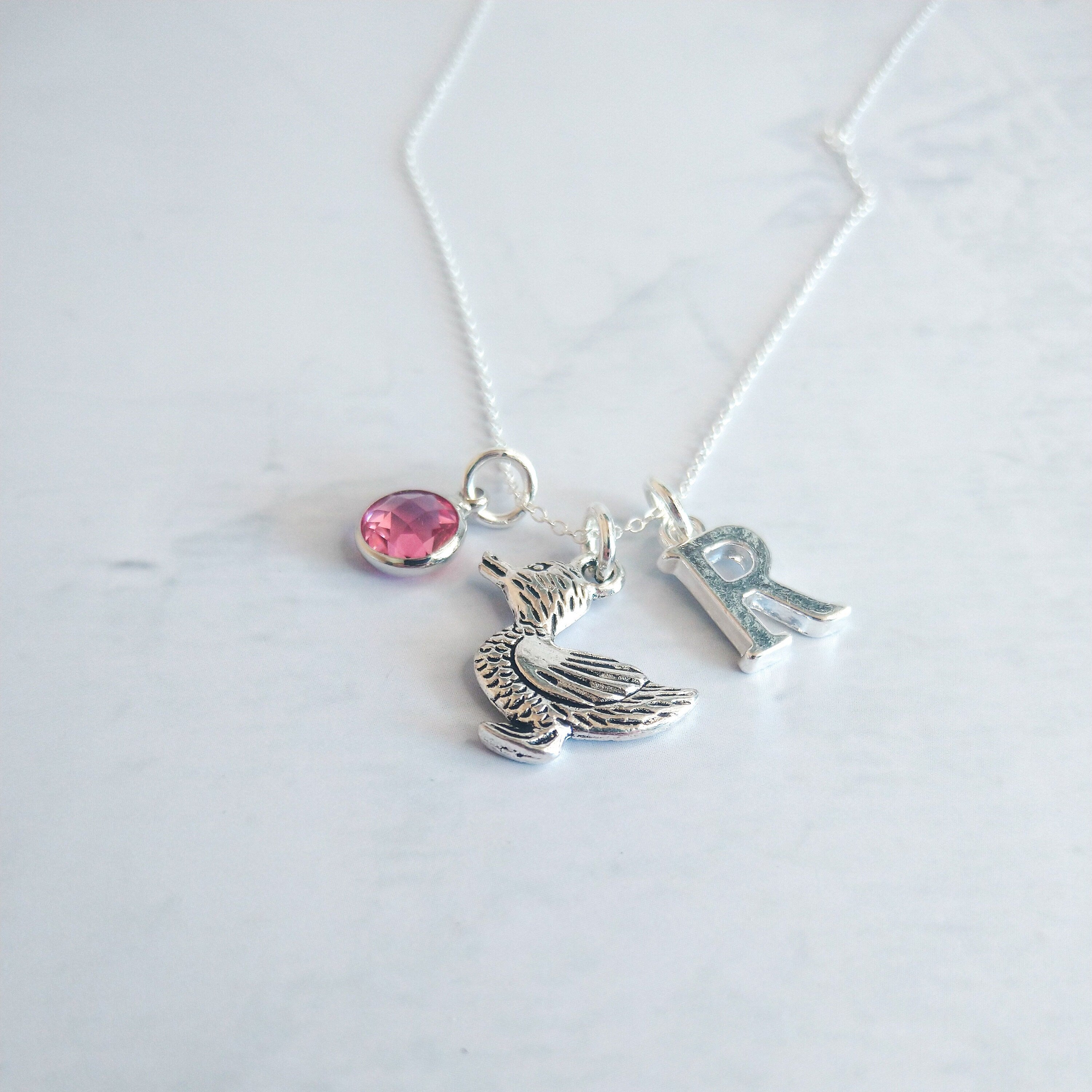 Duck necklace, personalised duck gifts, duck jewellery for women, birthstone and initial charms