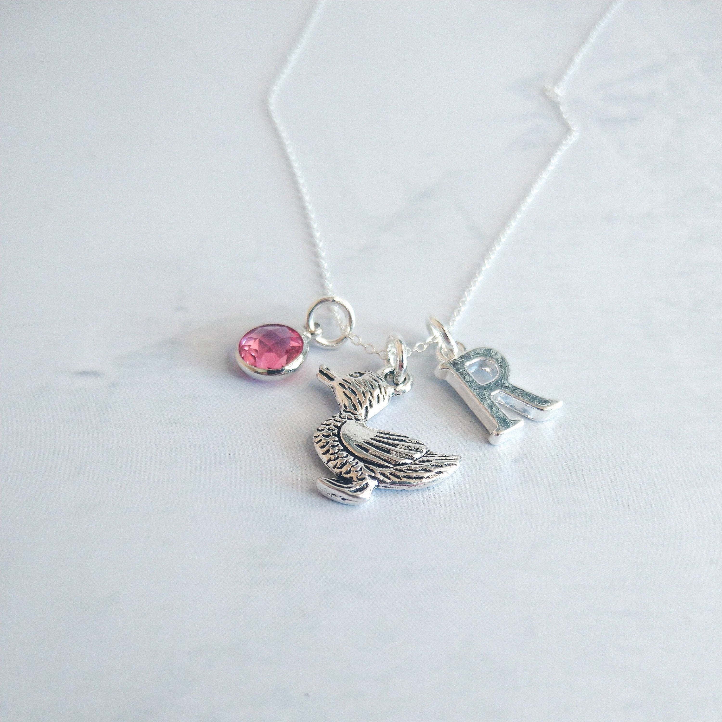 Duck Necklace: Personalised Initial & Birthstone Charm