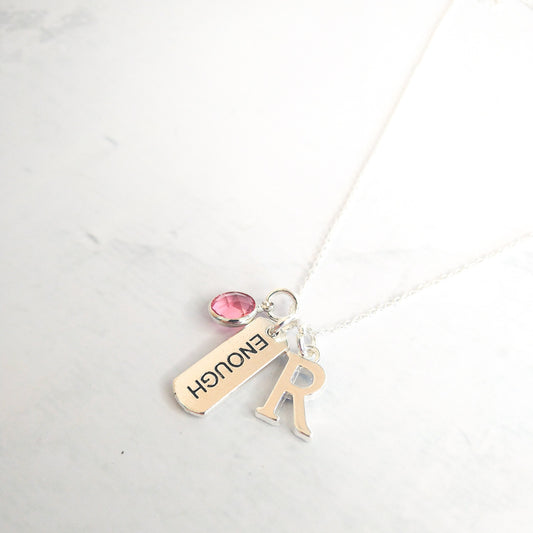 I am enough necklace, personalised gifts, jewellery for women, birthstone and initial charms, you are worthy, self love gift, anxiety