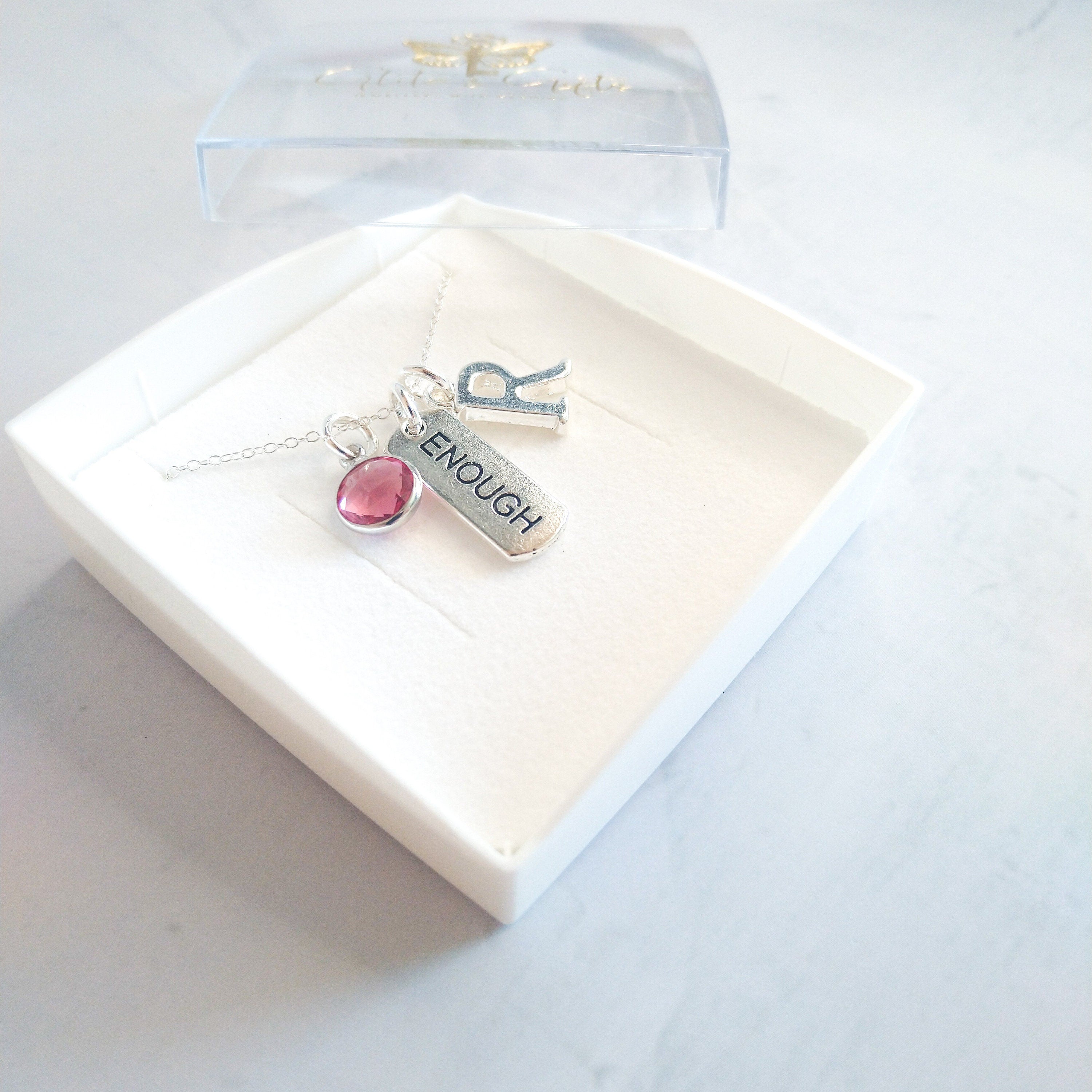 I am enough necklace, personalised gifts, jewellery for women, birthstone and initial charms, you are worthy, self love gift, anxiety