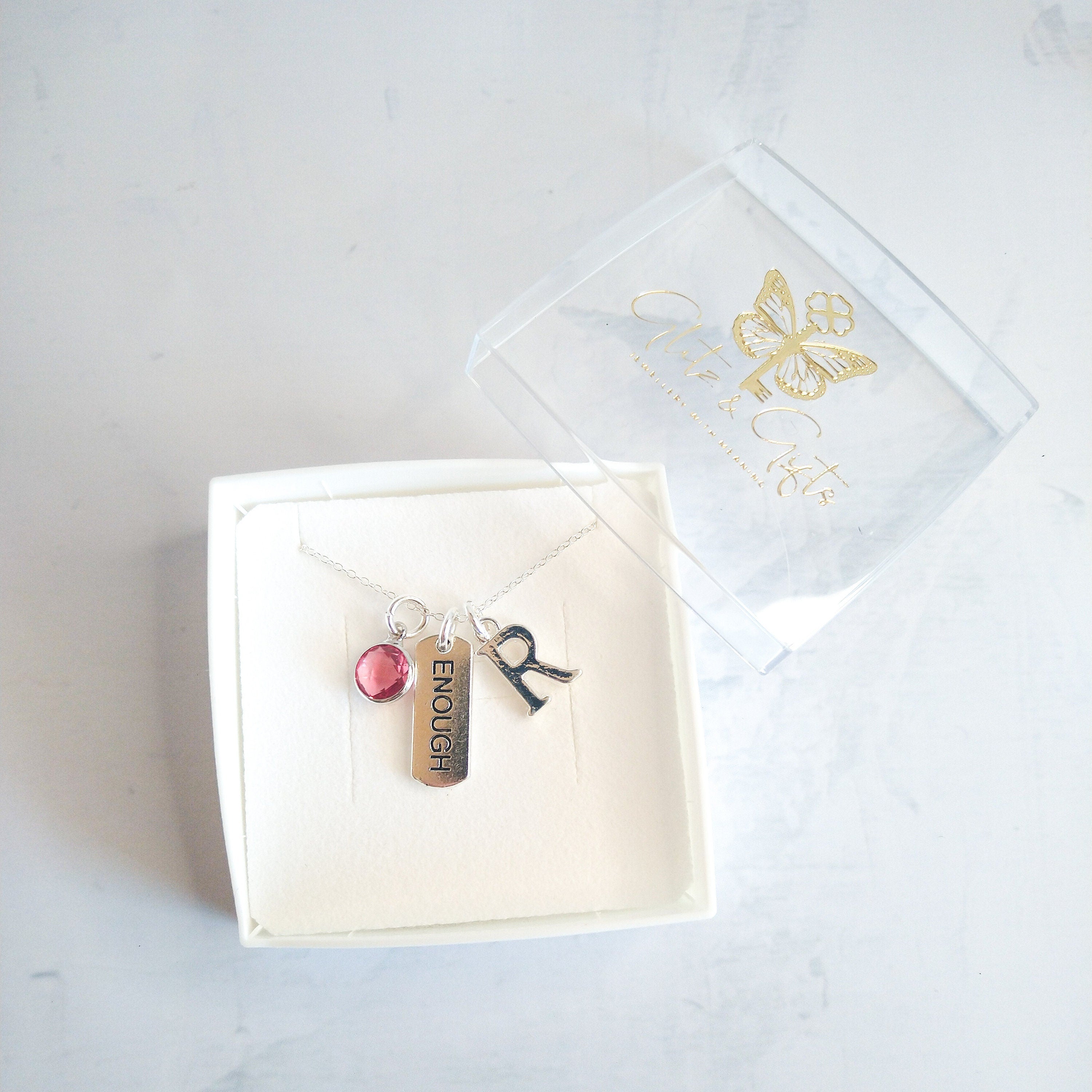 I am enough necklace, personalised gifts, jewellery for women, birthstone and initial charms, you are worthy, self love gift, anxiety