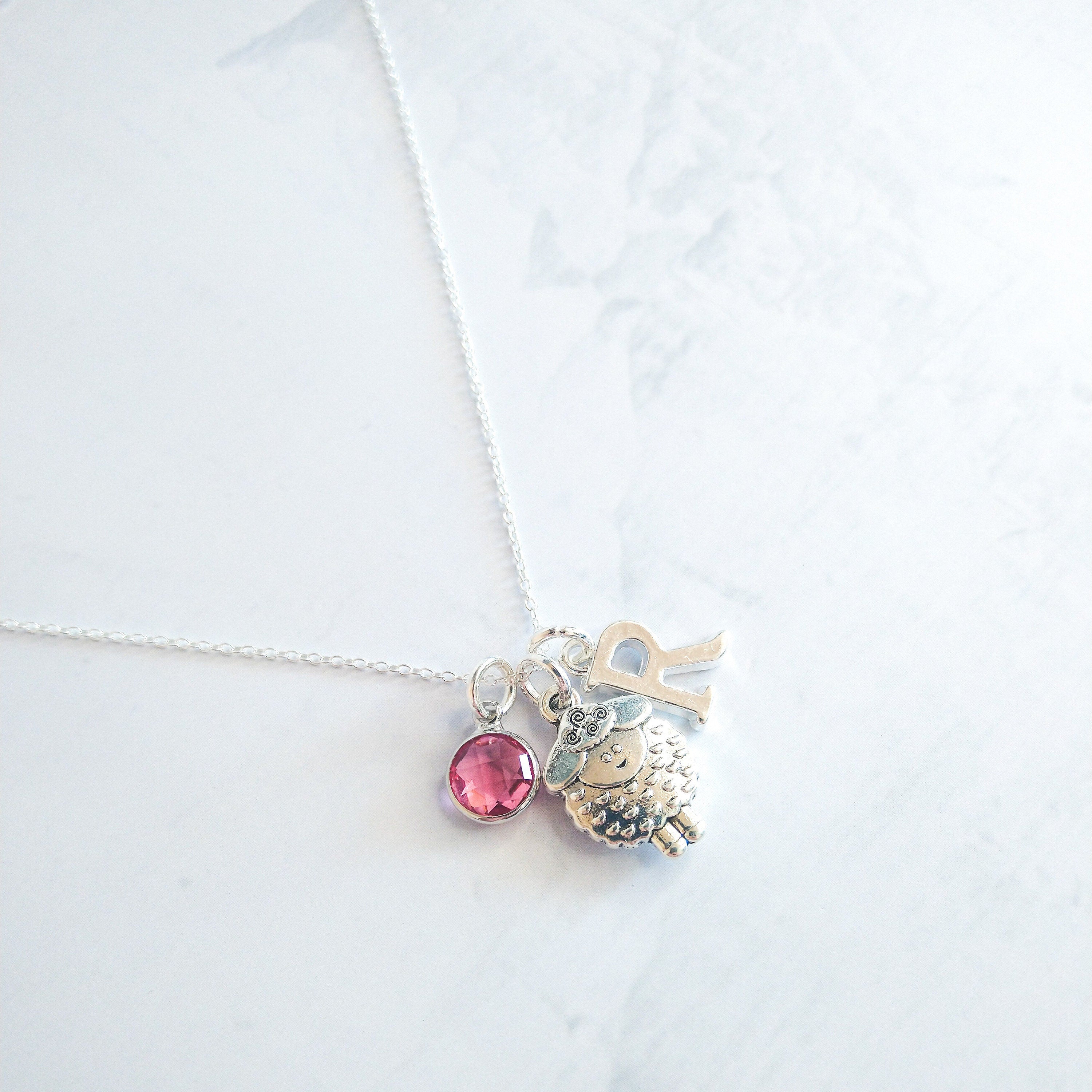 Sheep necklace, personalised gifts, animal jewellery, knitting gift, birthstone and initial