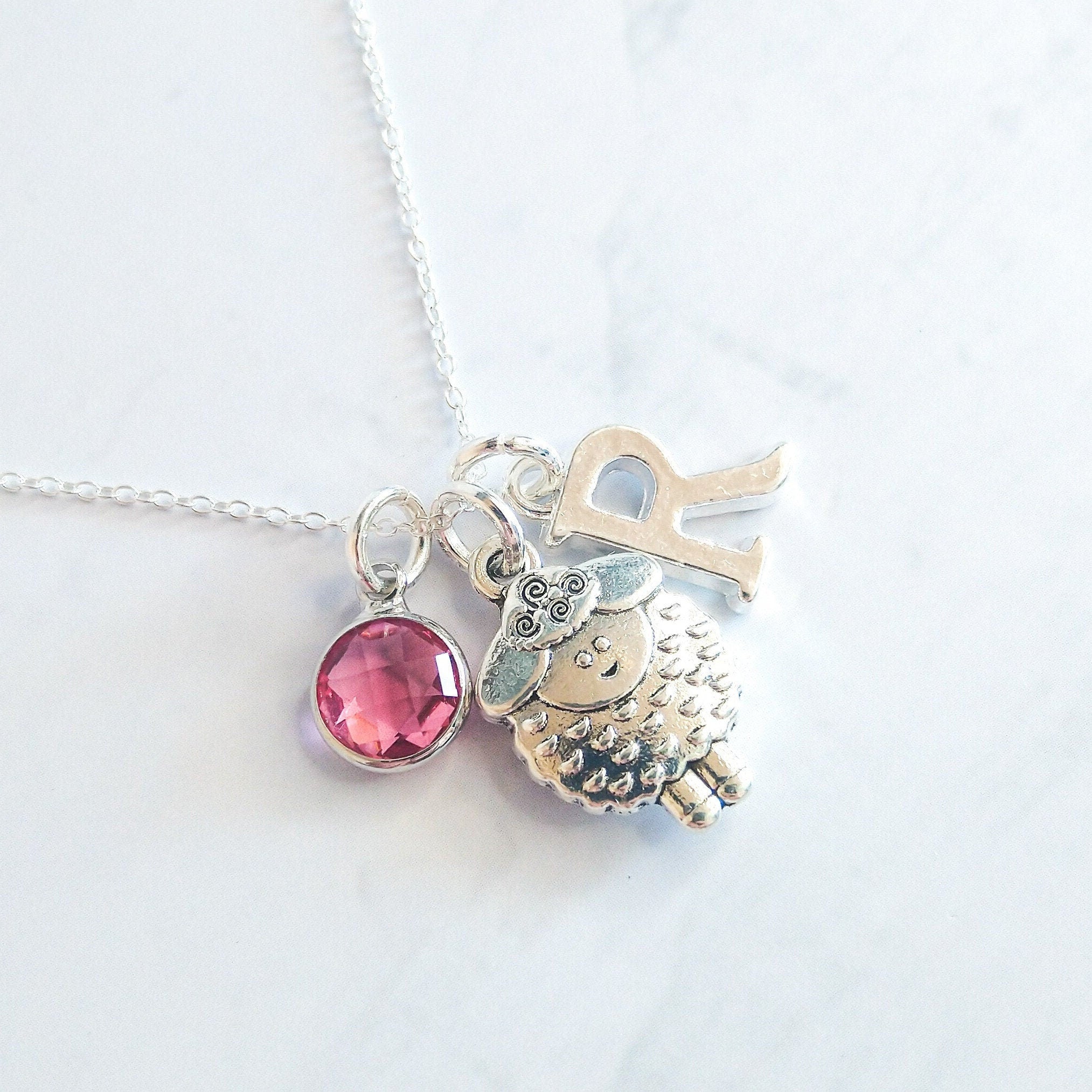 Sheep necklace, personalised gifts, animal jewellery, knitting gift, birthstone and initial