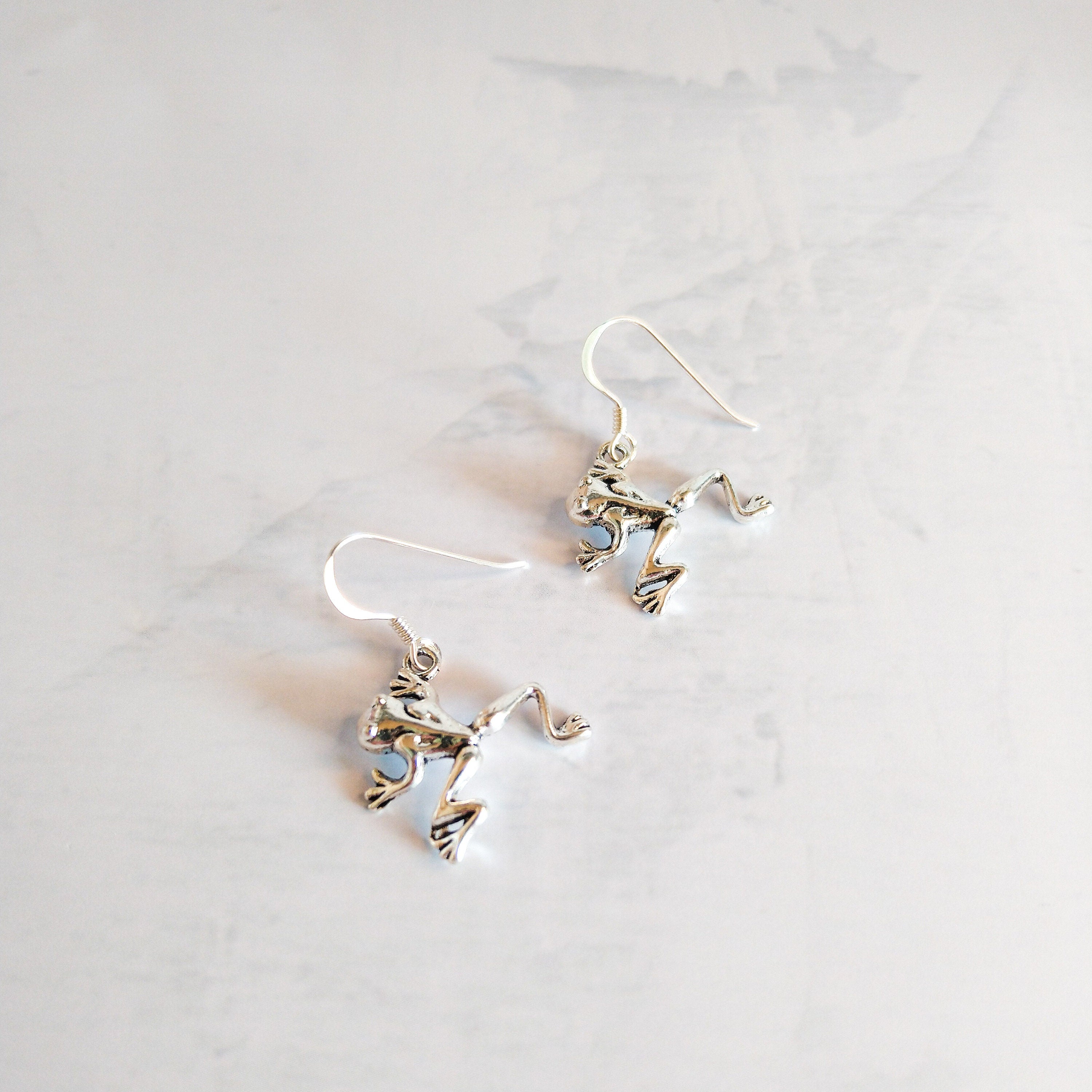 Frog earrings - animal jewellery - 925 sterling silver drop ear wires - gifts for frog fans