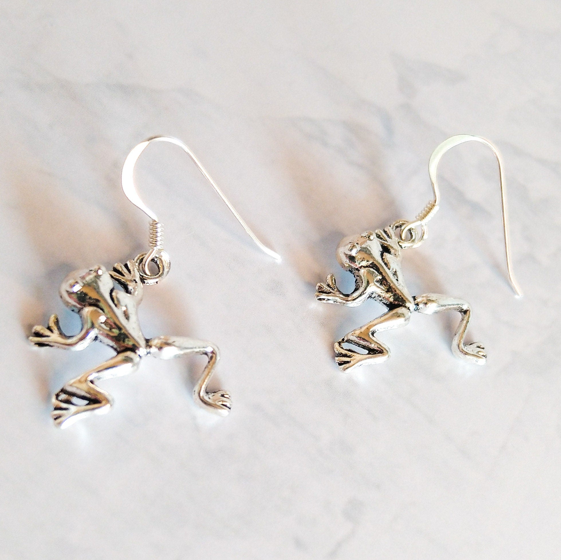 Frog earrings - animal jewellery - 925 sterling silver drop ear wires - gifts for frog fans