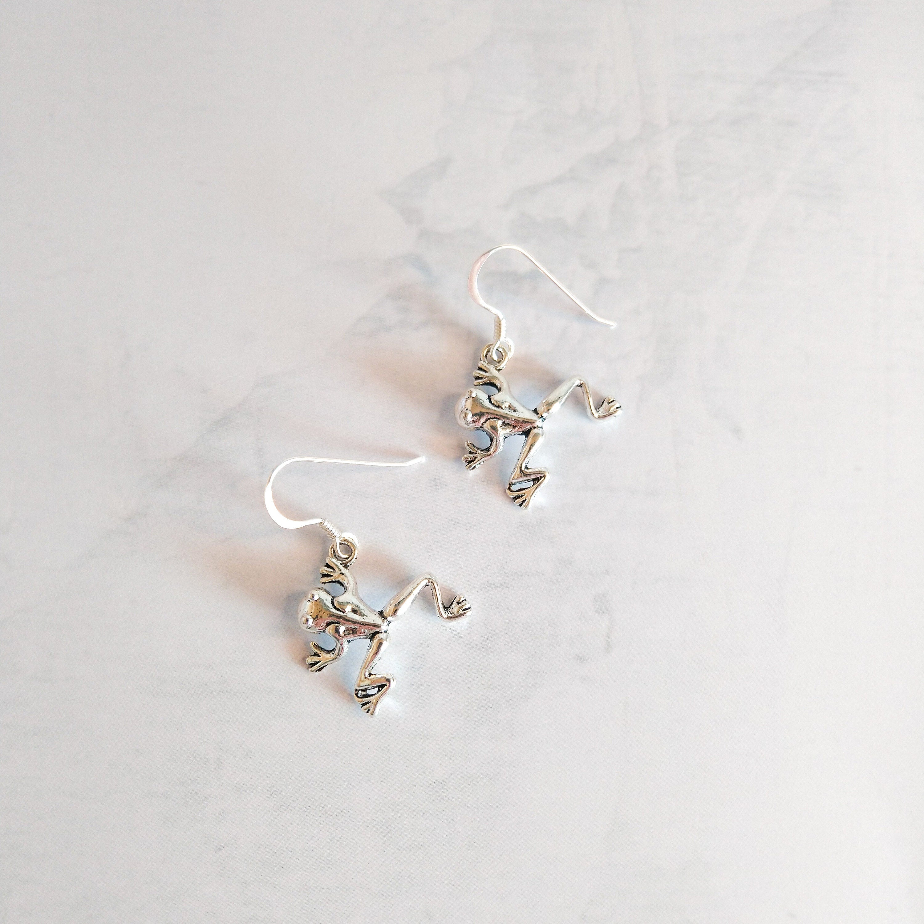 Frog earrings - animal jewellery - 925 sterling silver drop ear wires - gifts for frog fans