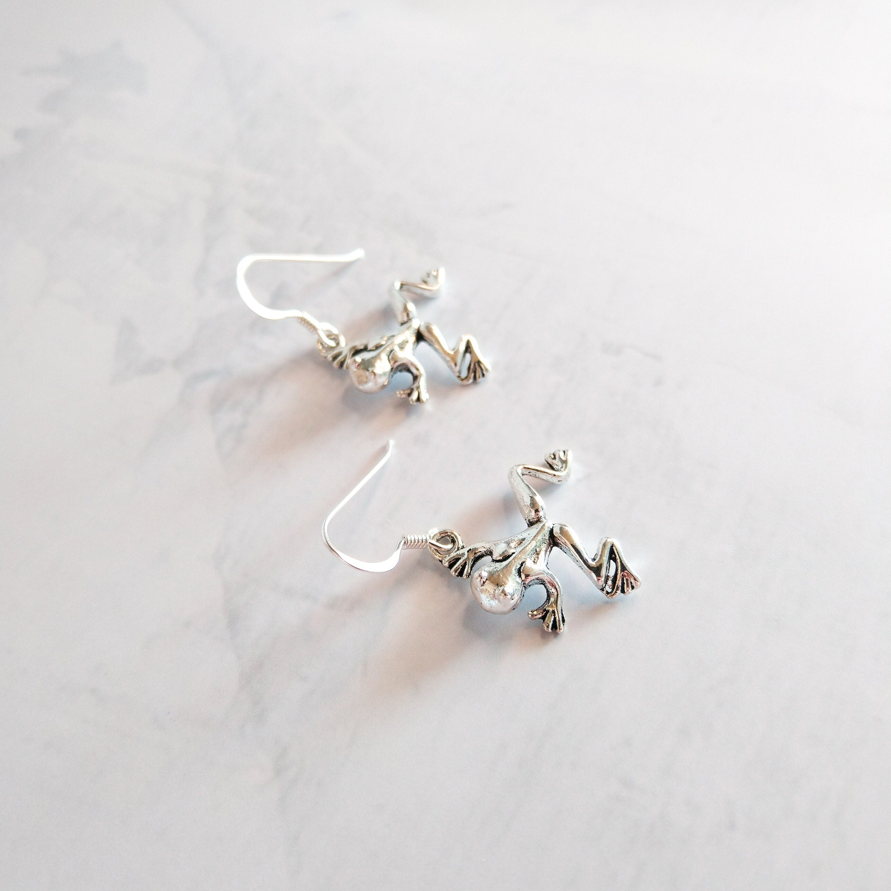 Frog earrings - animal jewellery - 925 sterling silver drop ear wires - gifts for frog fans