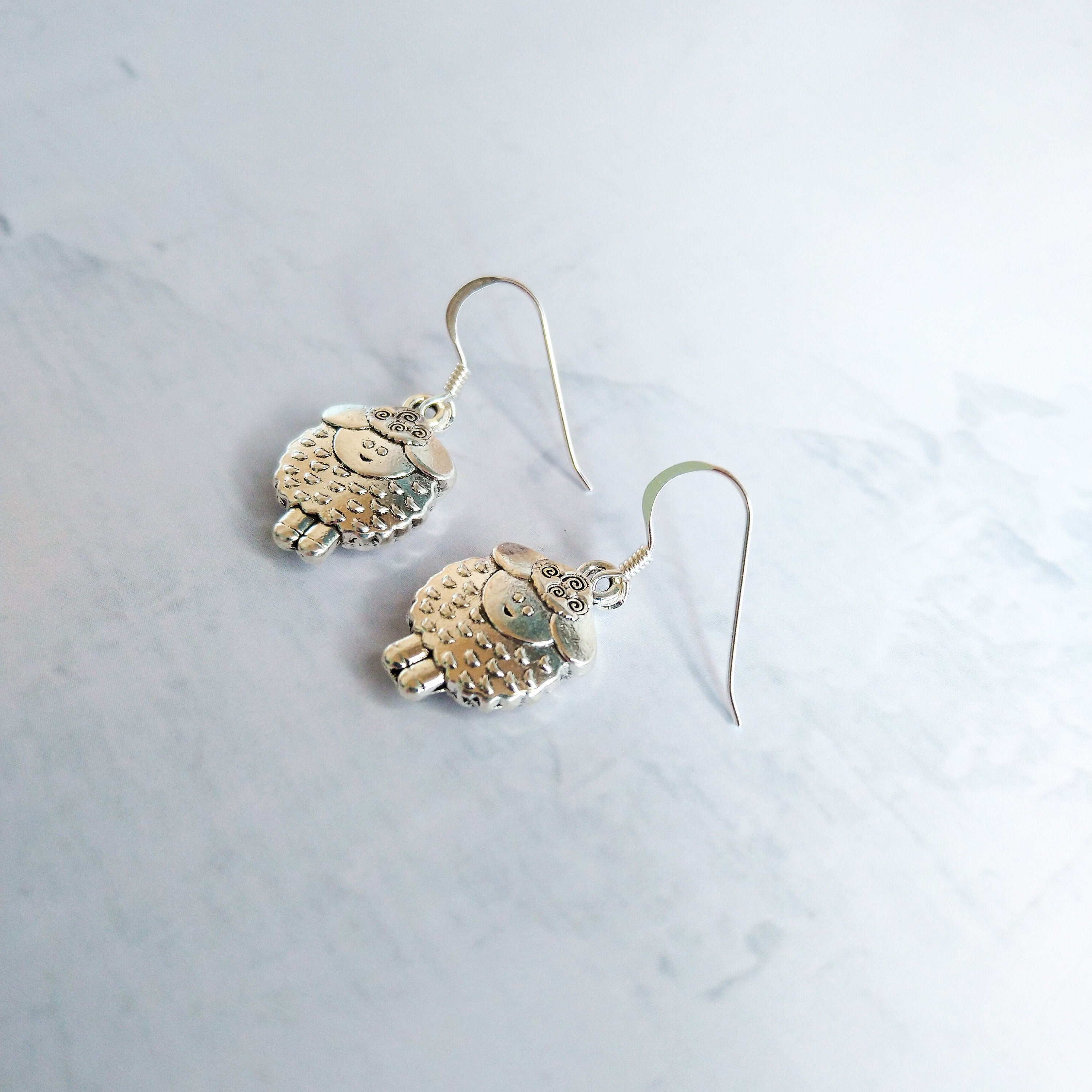 Sheep earrings - animal jewellery - 925 sterling silver ear wires - gift for sheep fans