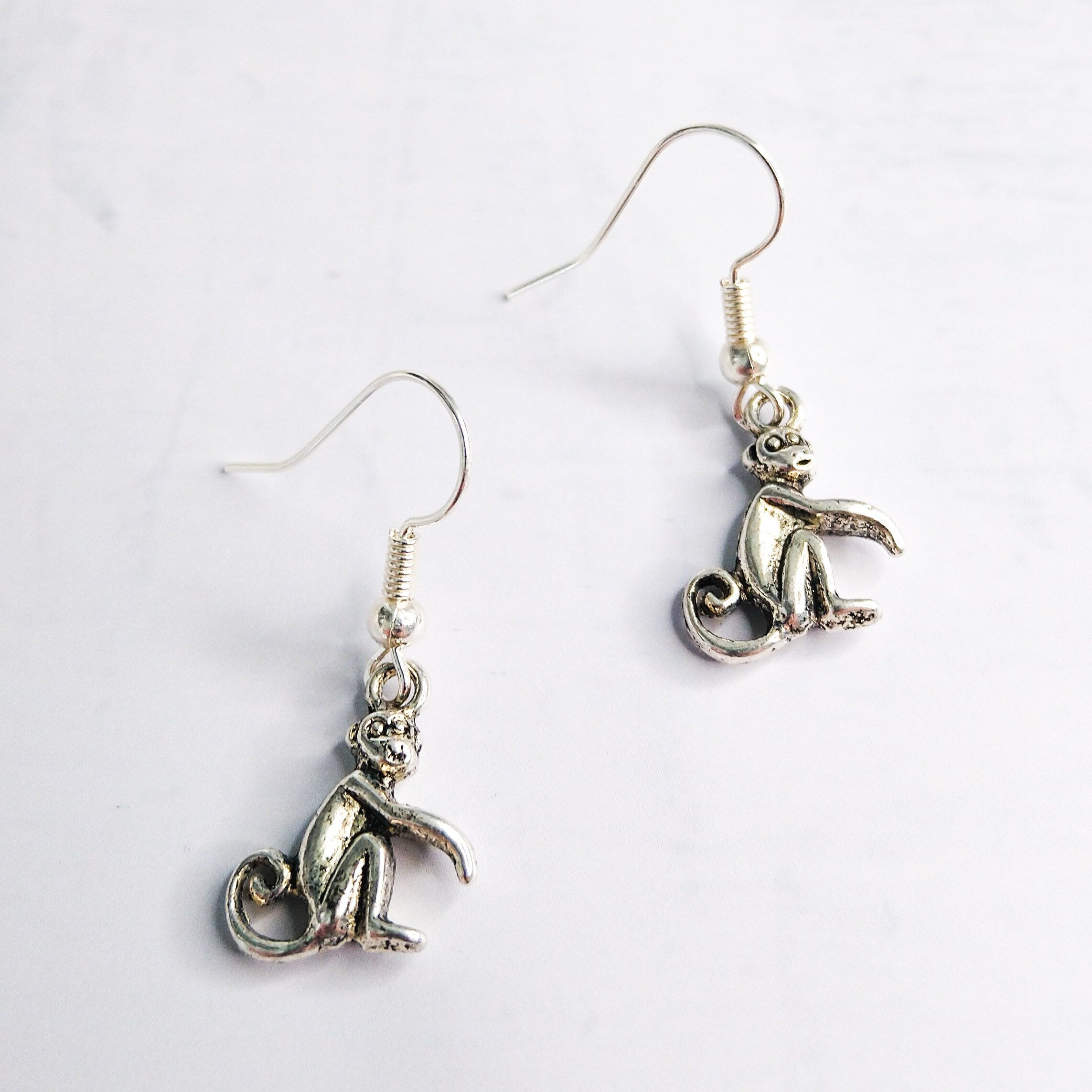 Monkey earrings, animal jewellery, 925 sterling silver hooks, monkey gifts, drop earrings, wildlife earrings