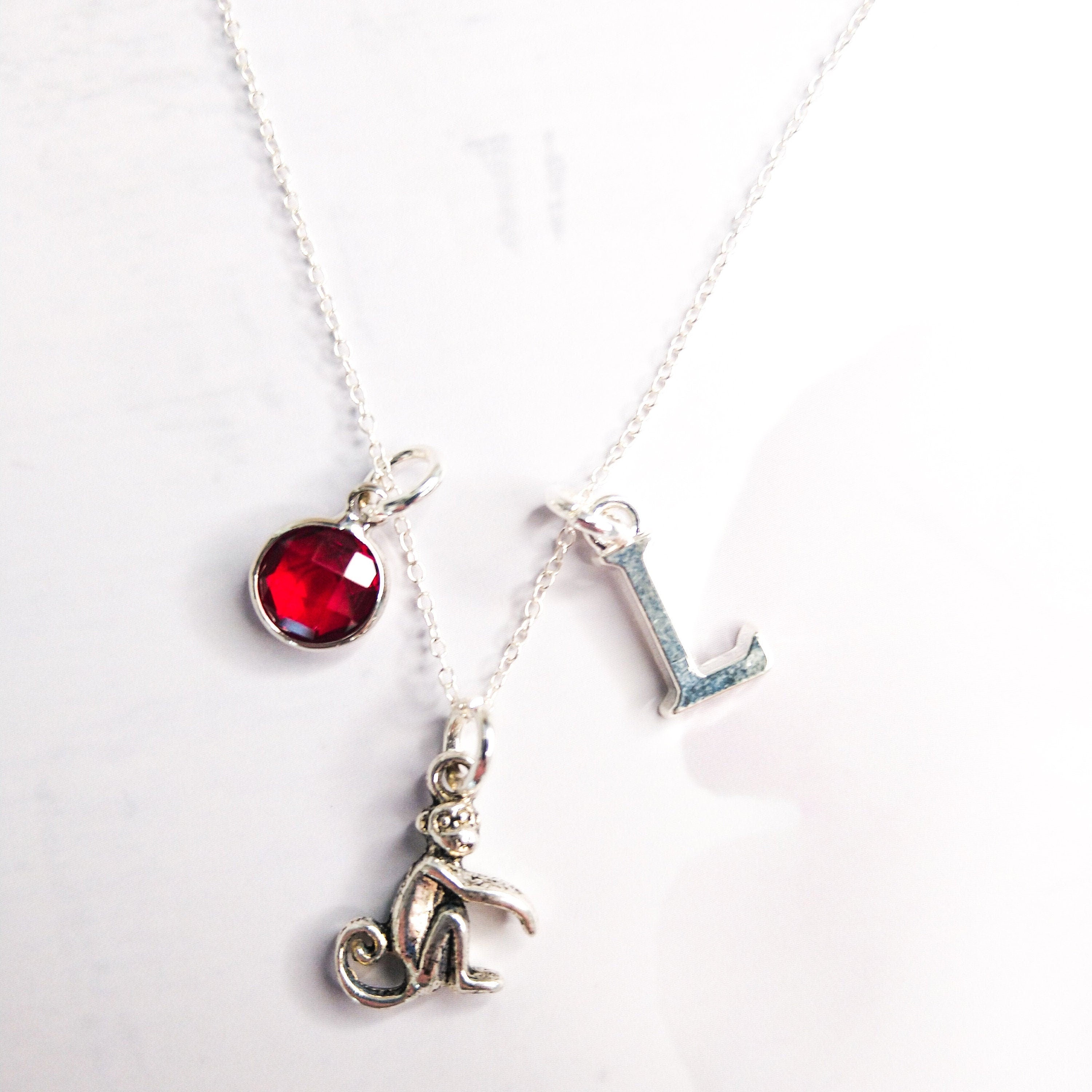 Monkey necklace, personalised monkey jewellery, birthstone initial necklaces, ape gifts, wildlife gift, cute animal charm