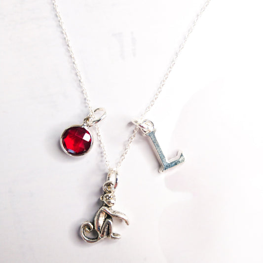 Monkey necklace, personalised monkey jewellery, birthstone initial necklaces, ape gifts, wildlife gift, cute animal charm